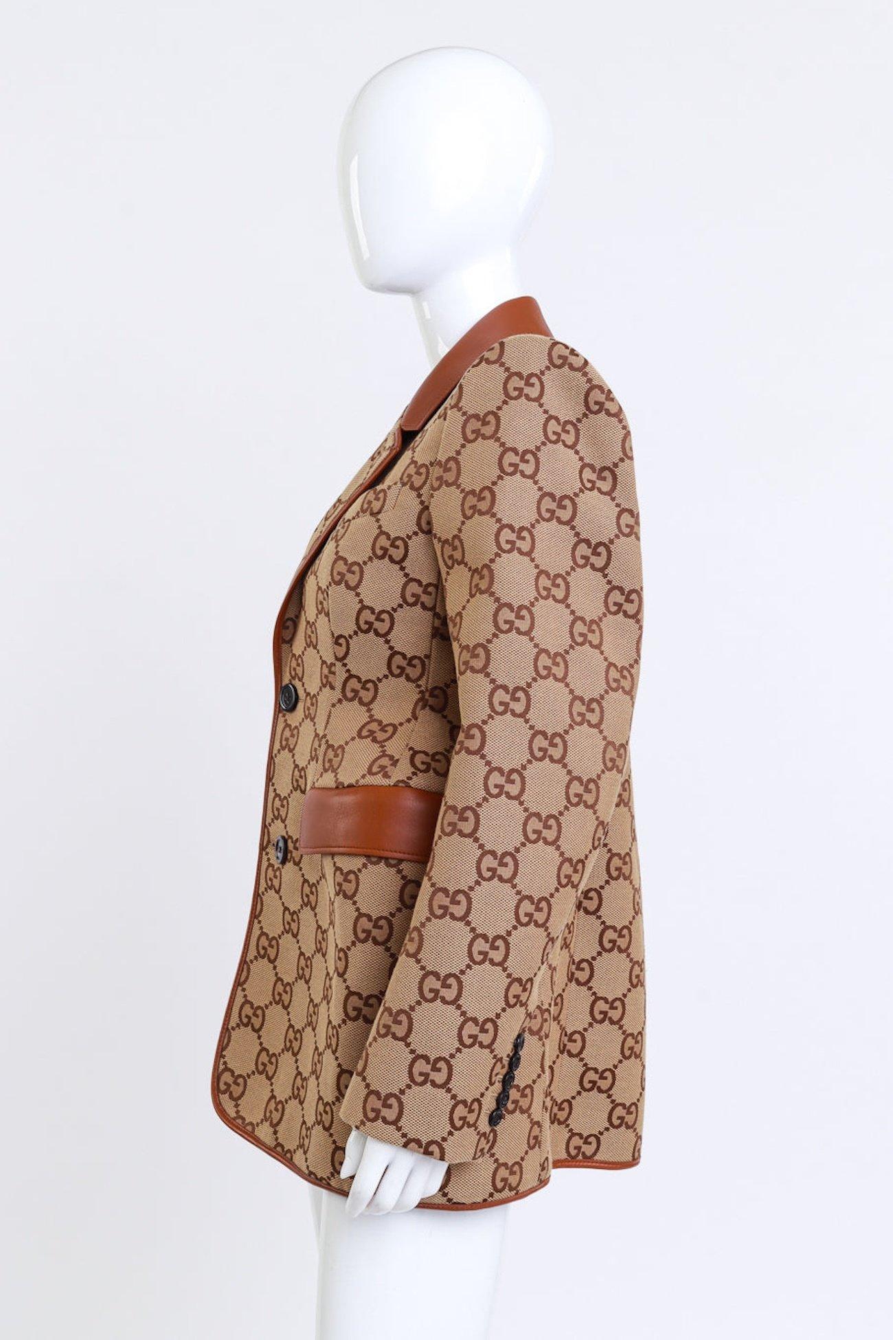 Brown Gucci Monogram Canvas & Leather GG Hourglass Jacket (US 8-10) For Sale