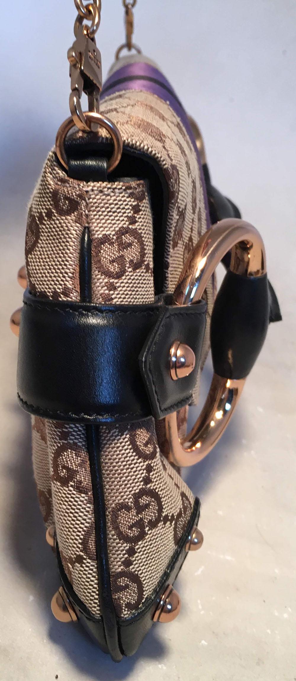 Black Gucci Monogram Canvas Satin Stripe Harness Horsebit Chain Clutch 