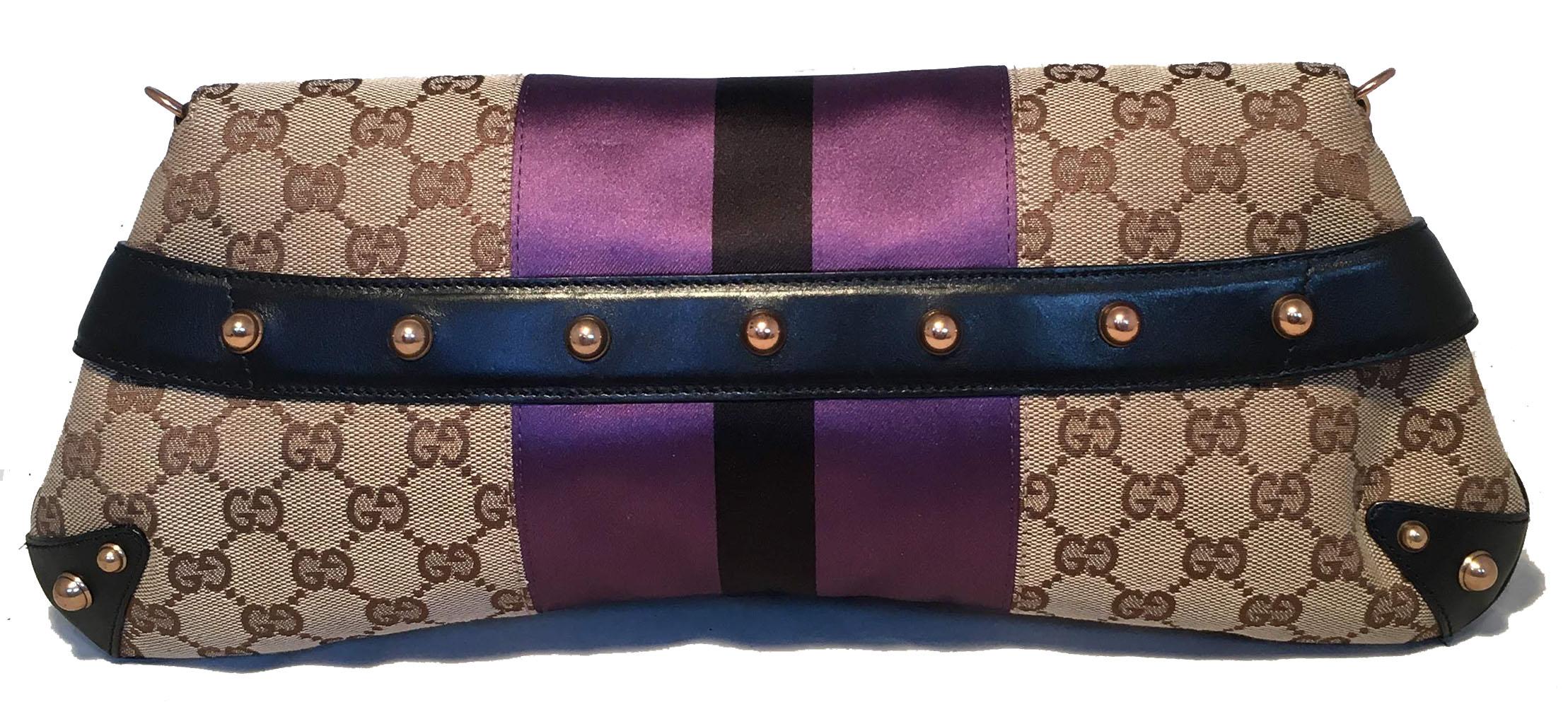Gucci Monogram Canvas Satin Stripe Harness Horsebit Chain Clutch In Excellent Condition In Philadelphia, PA
