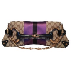 Gucci Monogram Canvas Satin Stripe Harness Horsebit Chain Clutch 