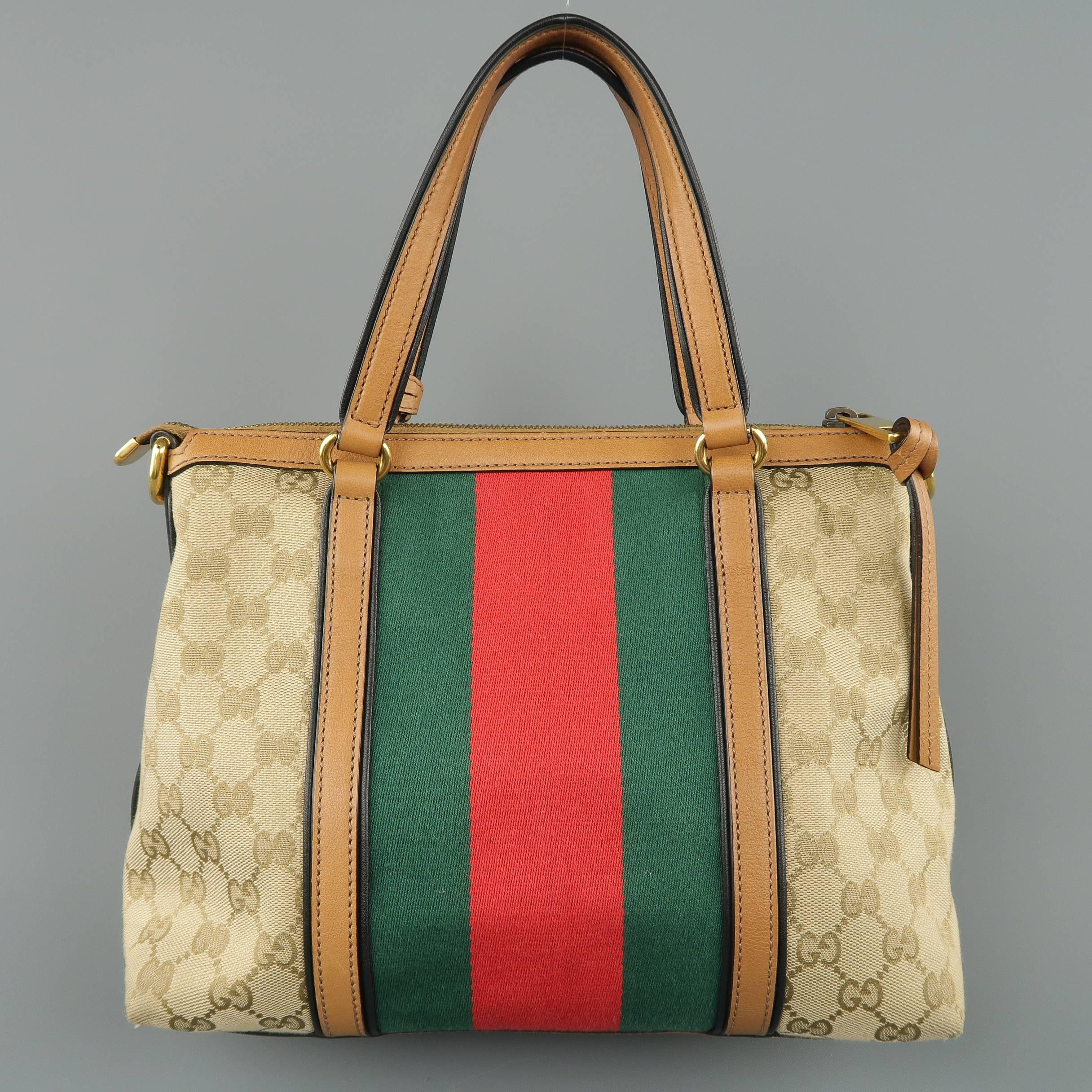 Gucci Monogram Canvas Tan Leather Green and Red Stripe Tassel Handbag 2