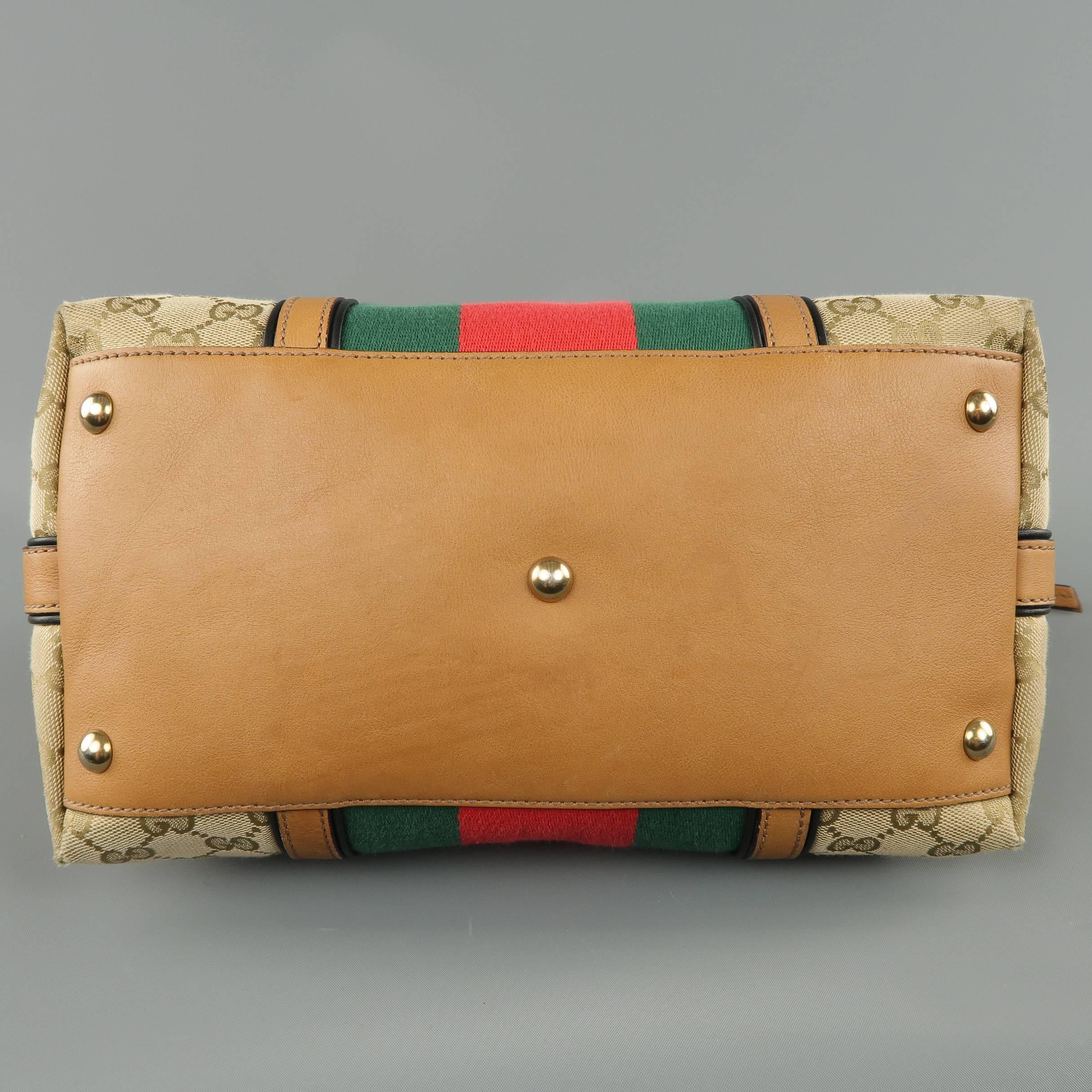Gucci Monogram Canvas Tan Leather Green and Red Stripe Tassel Handbag 3
