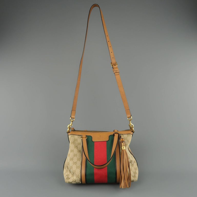 Gucci Monogram Canvas Tan Leather Green and Red Stripe Tassel Handbag at 1stdibs