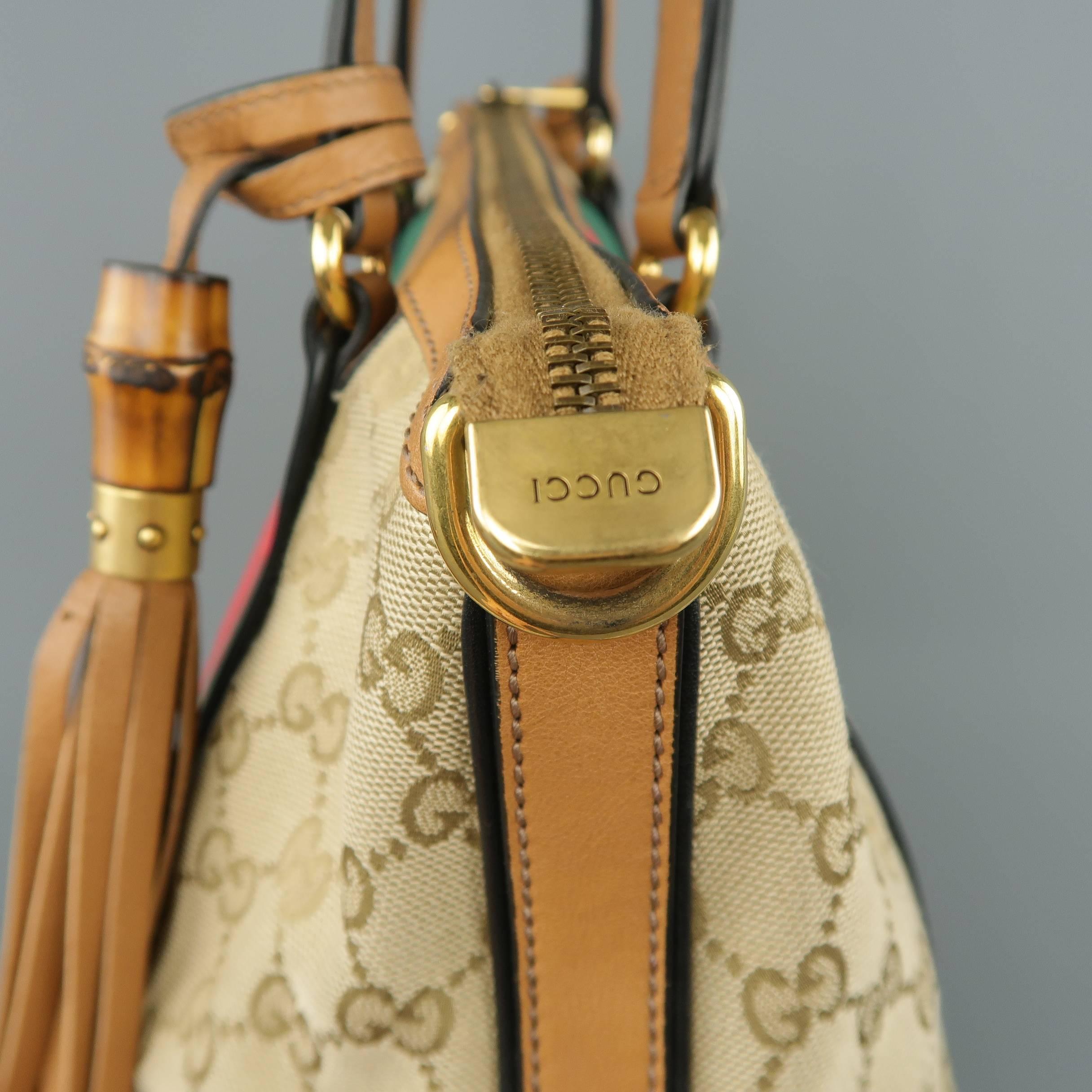 Brown Gucci Monogram Canvas Tan Leather Green and Red Stripe Tassel Handbag
