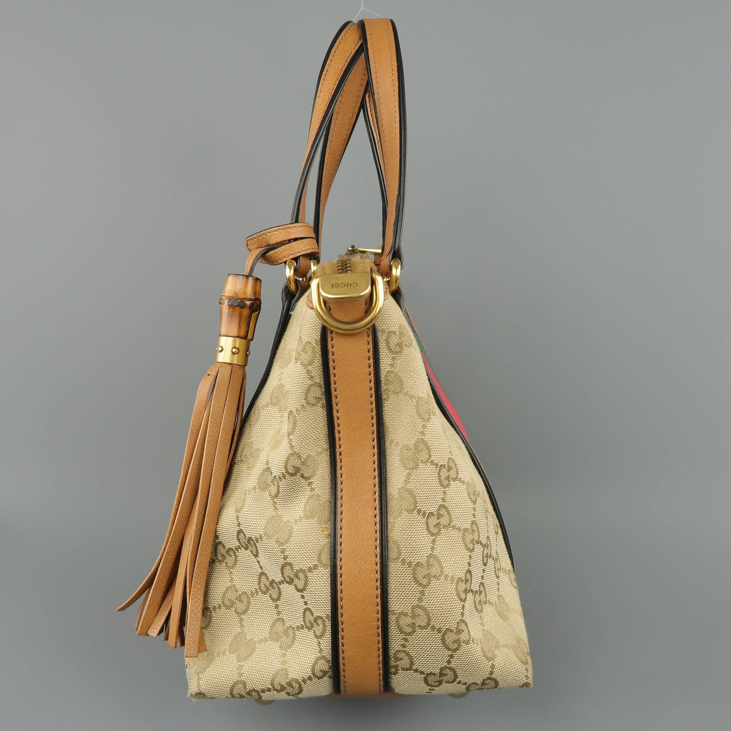 Gucci Monogram Canvas Tan Leather Green and Red Stripe Tassel Handbag In Good Condition In San Francisco, CA