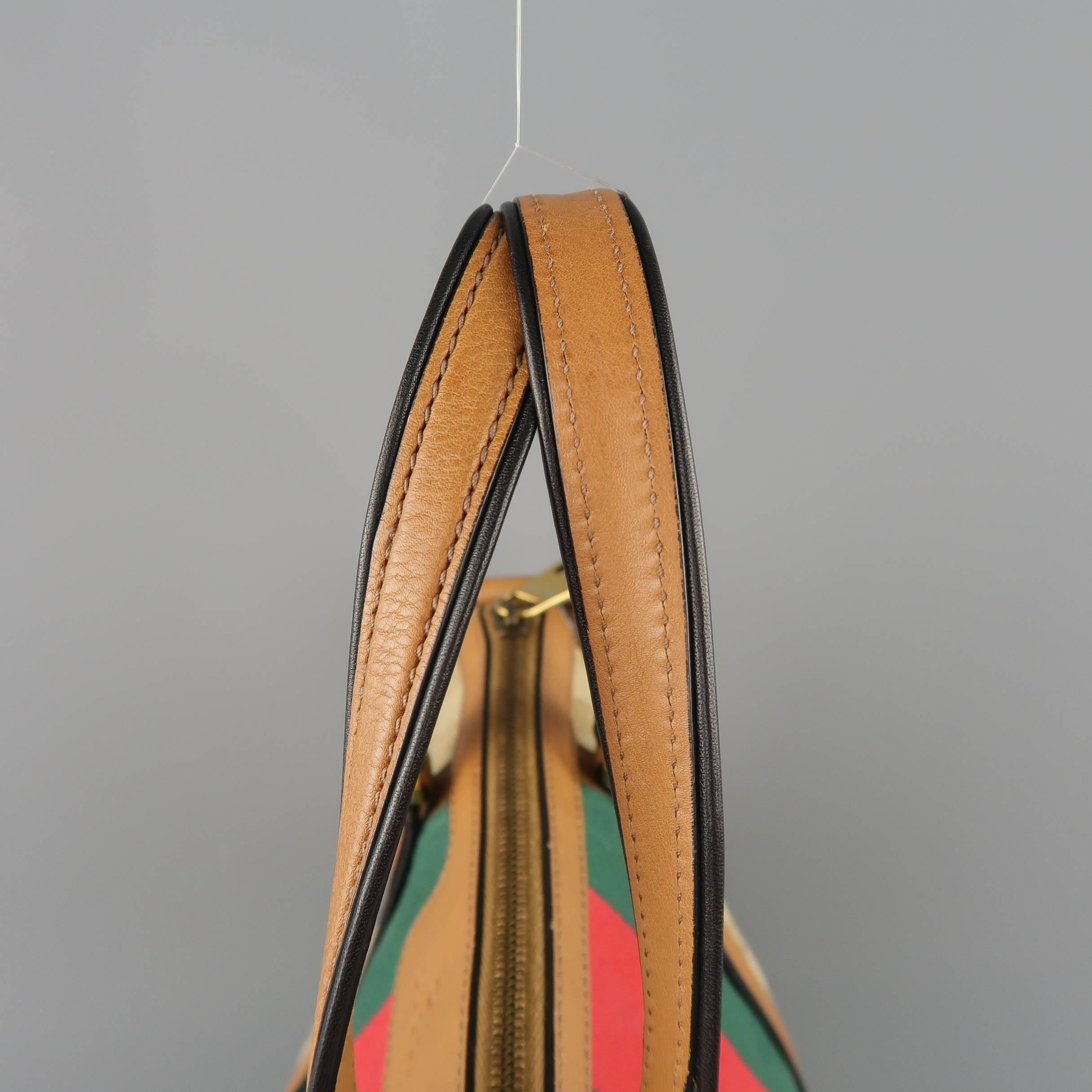 Women's Gucci Monogram Canvas Tan Leather Green and Red Stripe Tassel Handbag