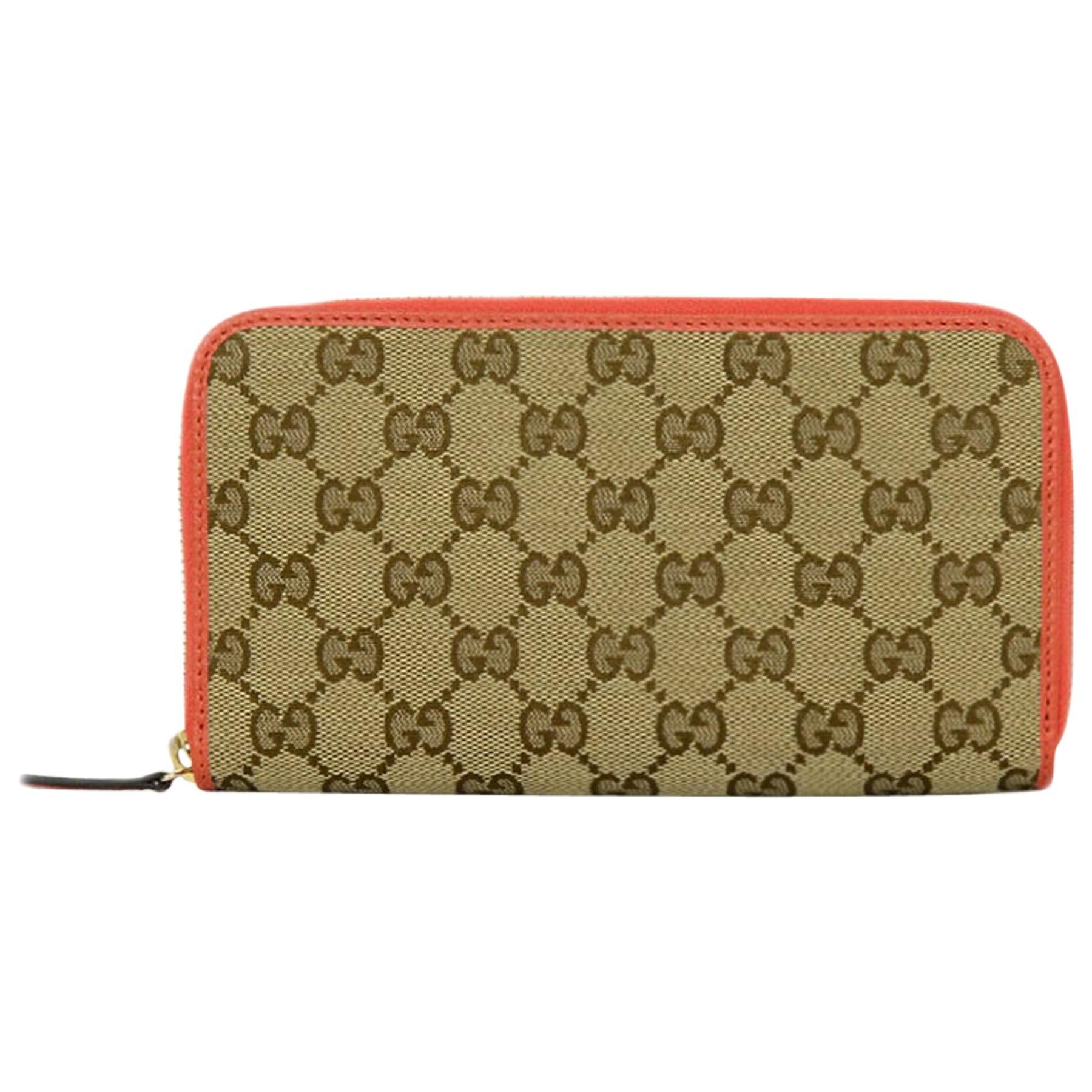 Gucci Monogram Canvas Zip Around Wallet w/ Orange Leather Trim