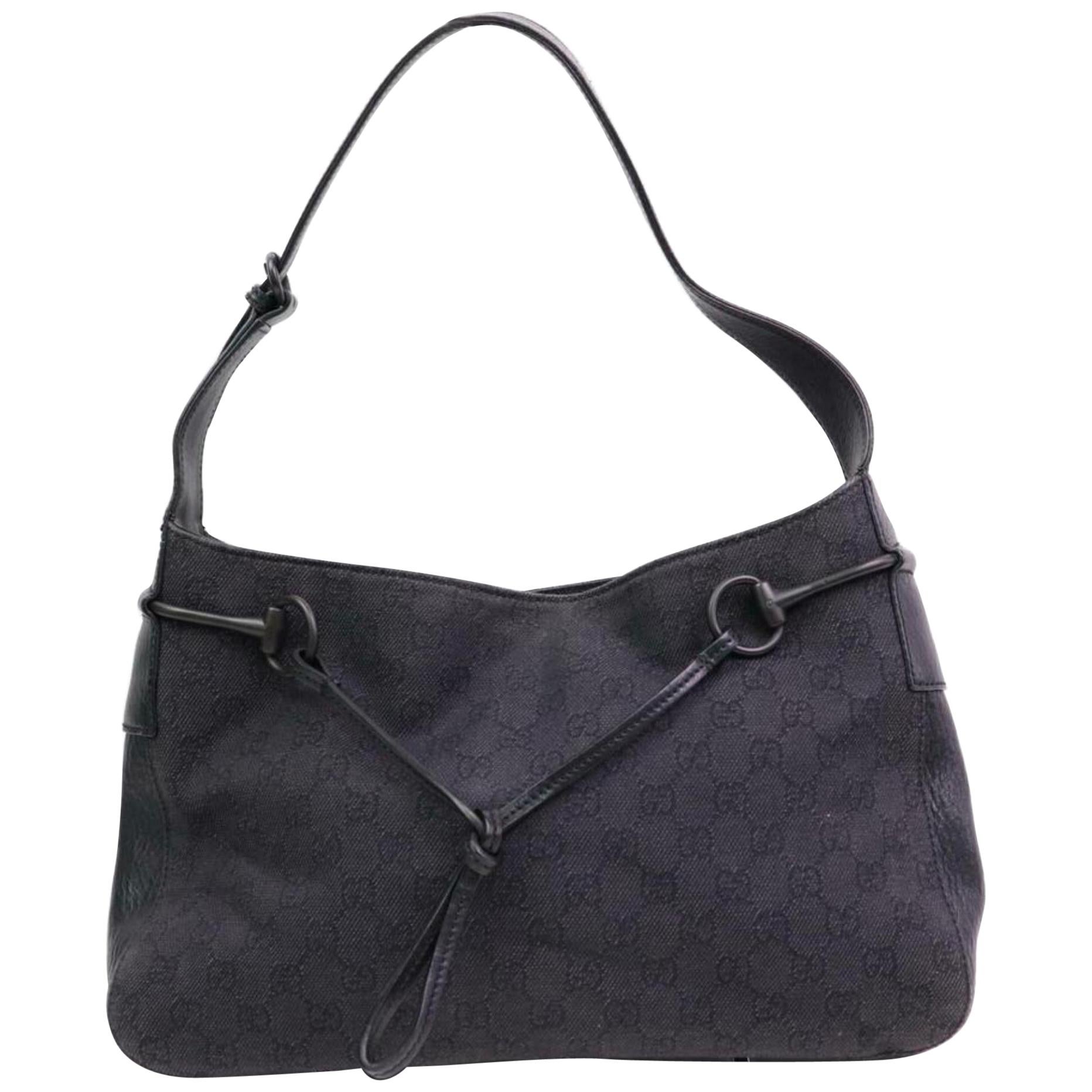 Gucci Monogram Drawstring Horesbit Hobo 870261 Black Canvas Shoulder Bag For Sale