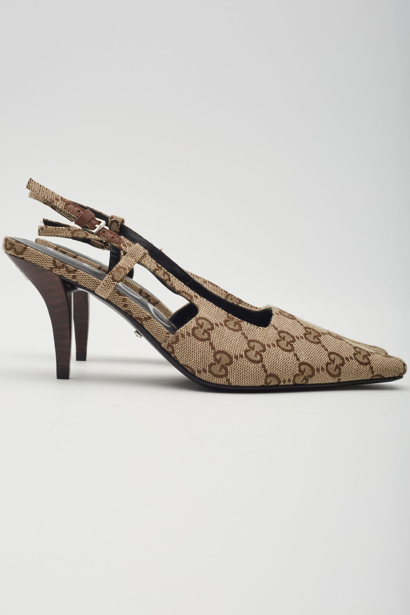 Brown Gucci Monogram Ebony Malga Slingback Heels EU 38