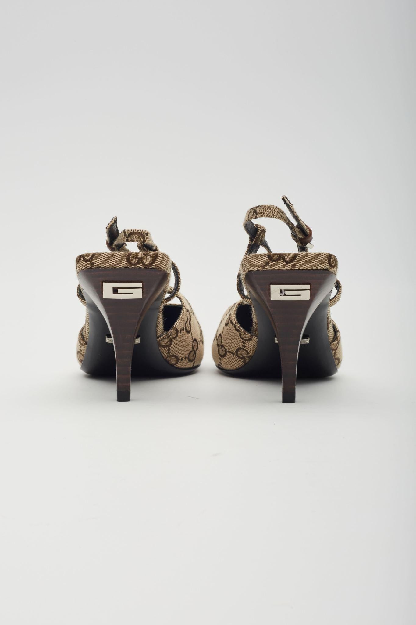 Women's Gucci Monogram Ebony Malga Slingback Heels EU 38