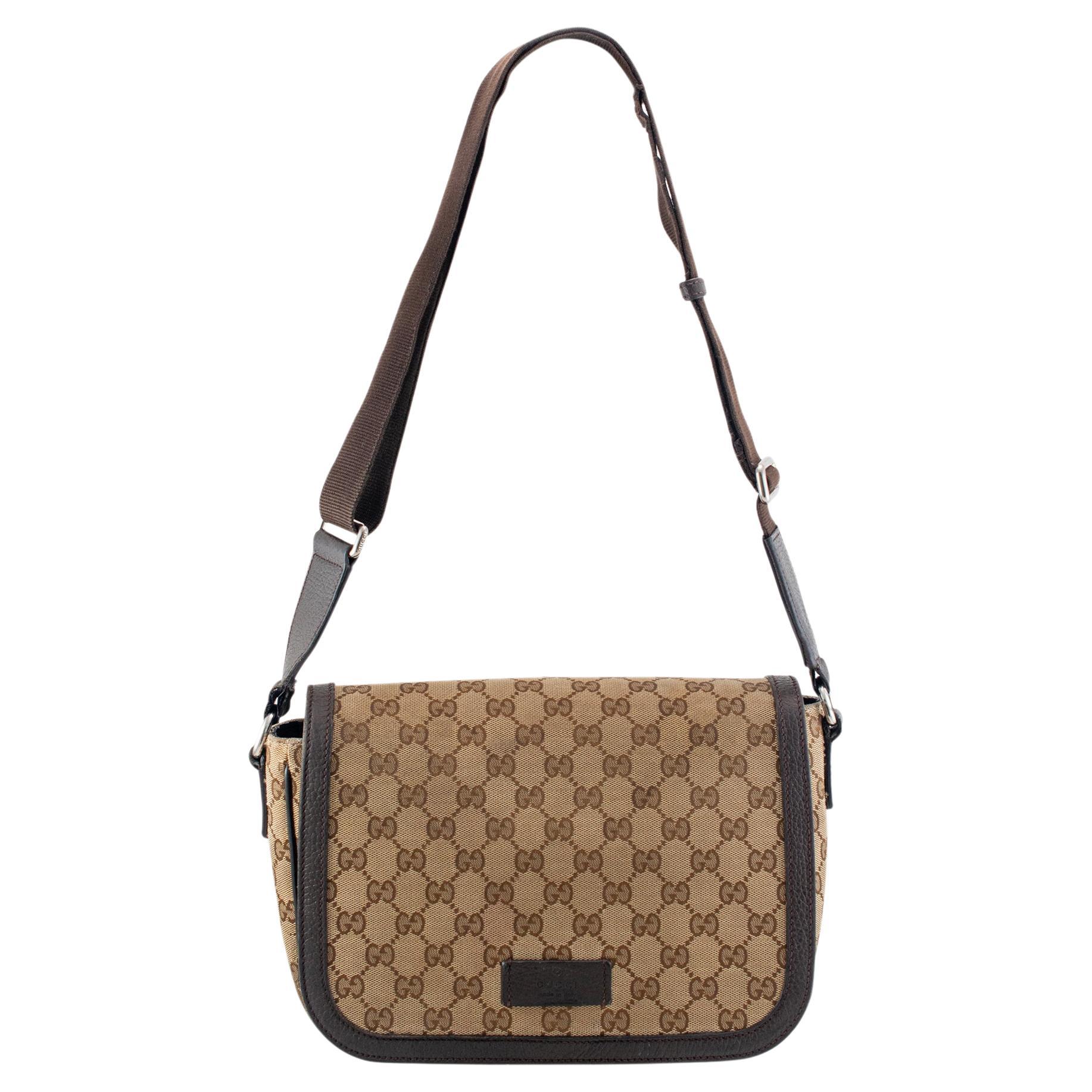 Gucci Monogram GG Canvas 807401990 Brown & Beige Flap Cross Body Messenger Bag For Sale