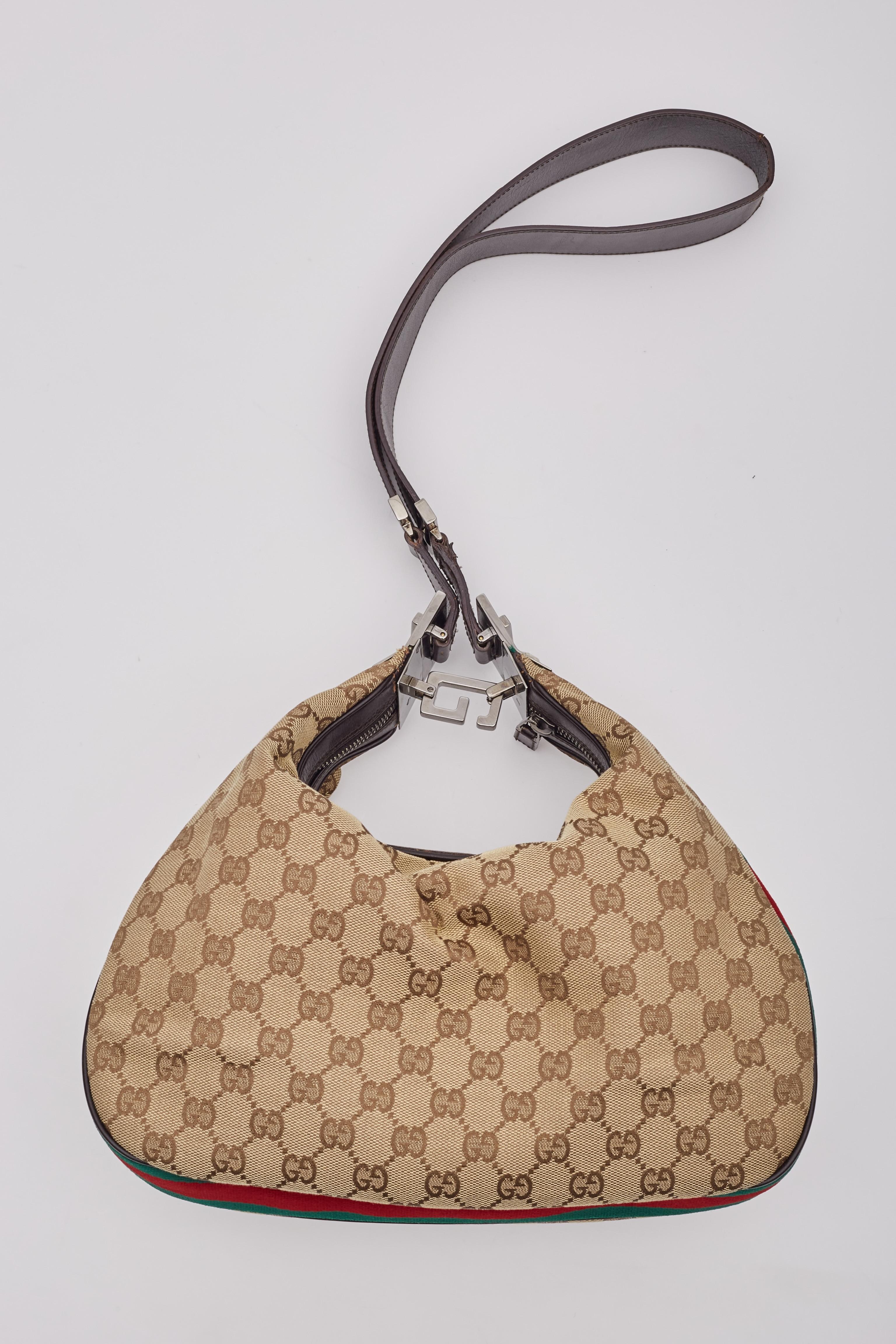 Gucci Monogram GG Canvas Beige Web Details Hobo Bag For Sale 5