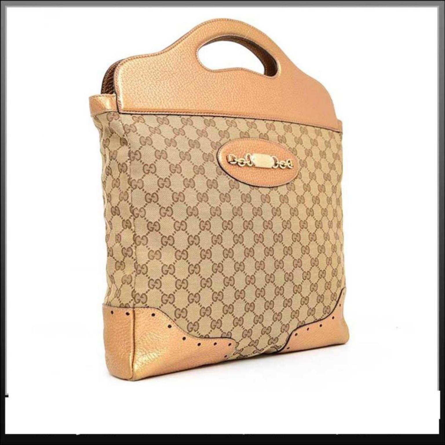 Gucci Monogram Gg Chain Hand 226878 Beige X Brown X Gold Canvas Leather Tote For Sale 6