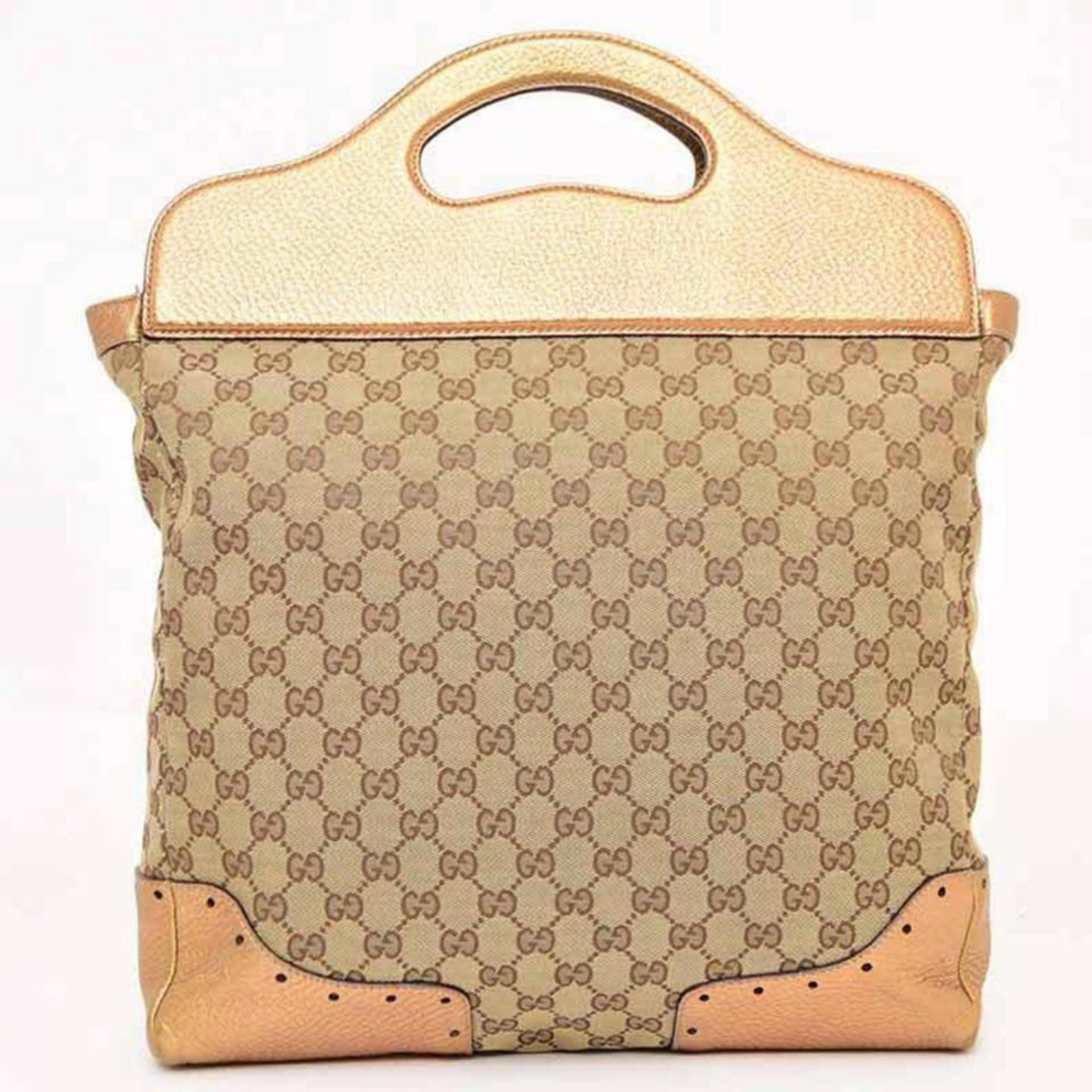 Gucci Monogram Gg Chain Hand 226878 Beige X Brown X Gold Canvas Leather Tote For Sale 2