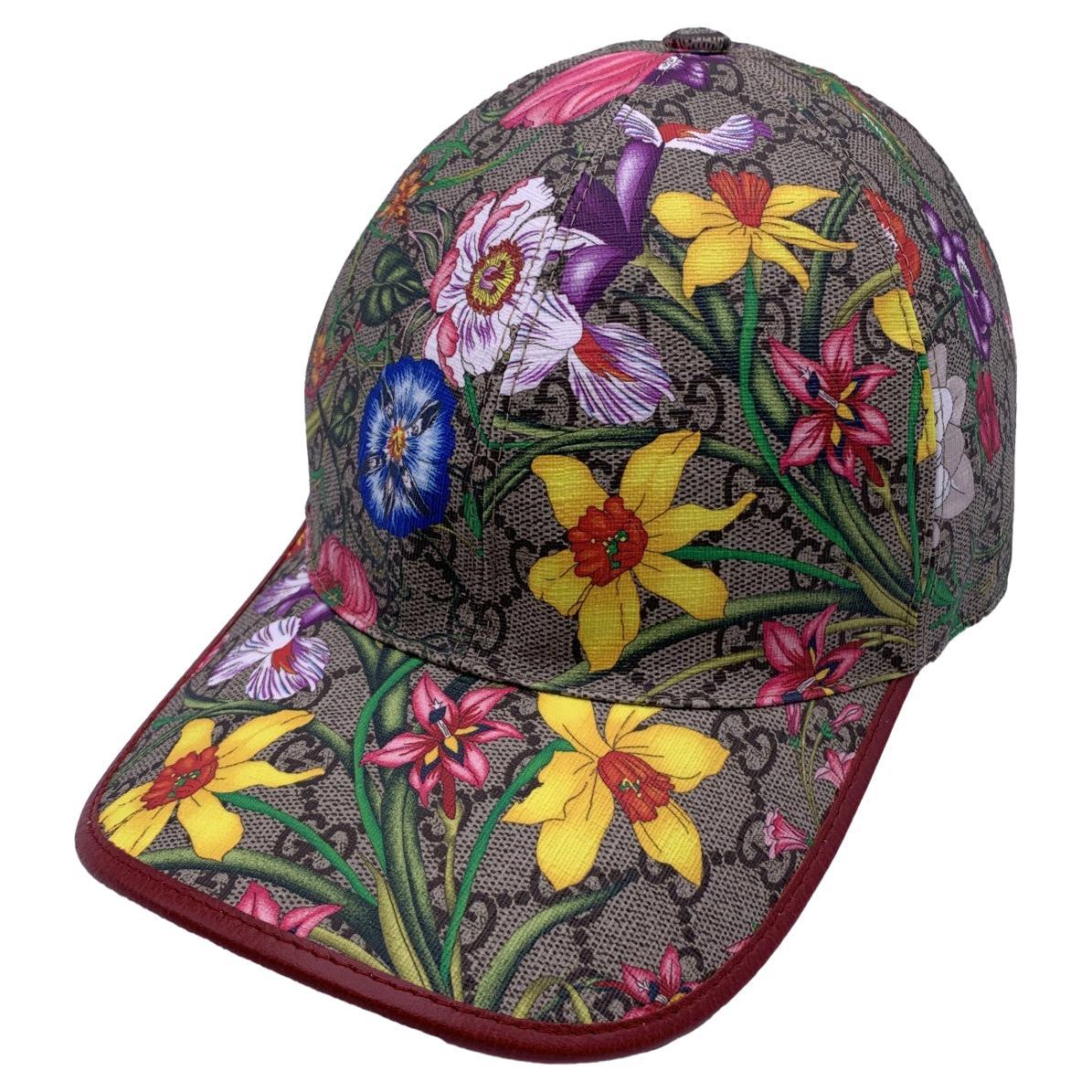 Gucci Monogram GG Flora Print Canvas Baseball Cap Hat Red Trim Size M For  Sale at 1stDibs