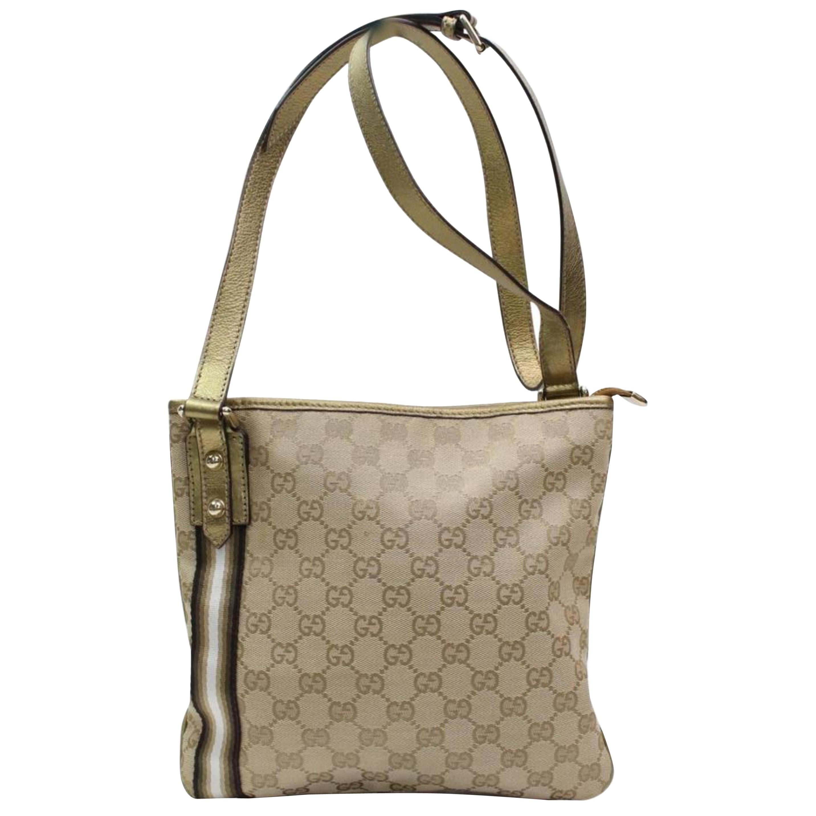 Gucci Monogram Gg Gold Web 867494 Beige Canvas Cross Body Bag For Sale