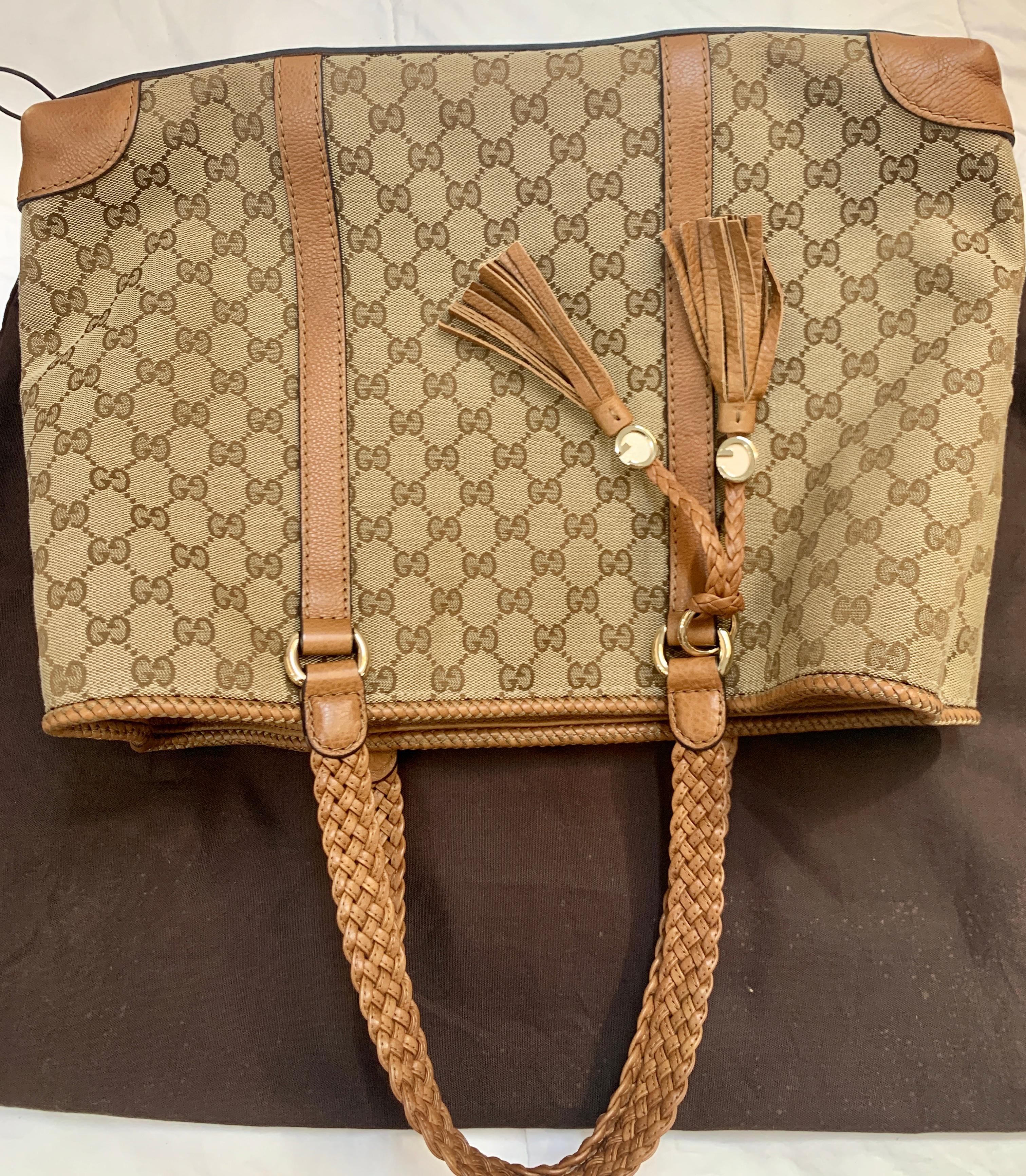 GUCCI Monogram Large Original Tote Tan With  Brown Leather/Canvas &  GG Tassels 6
