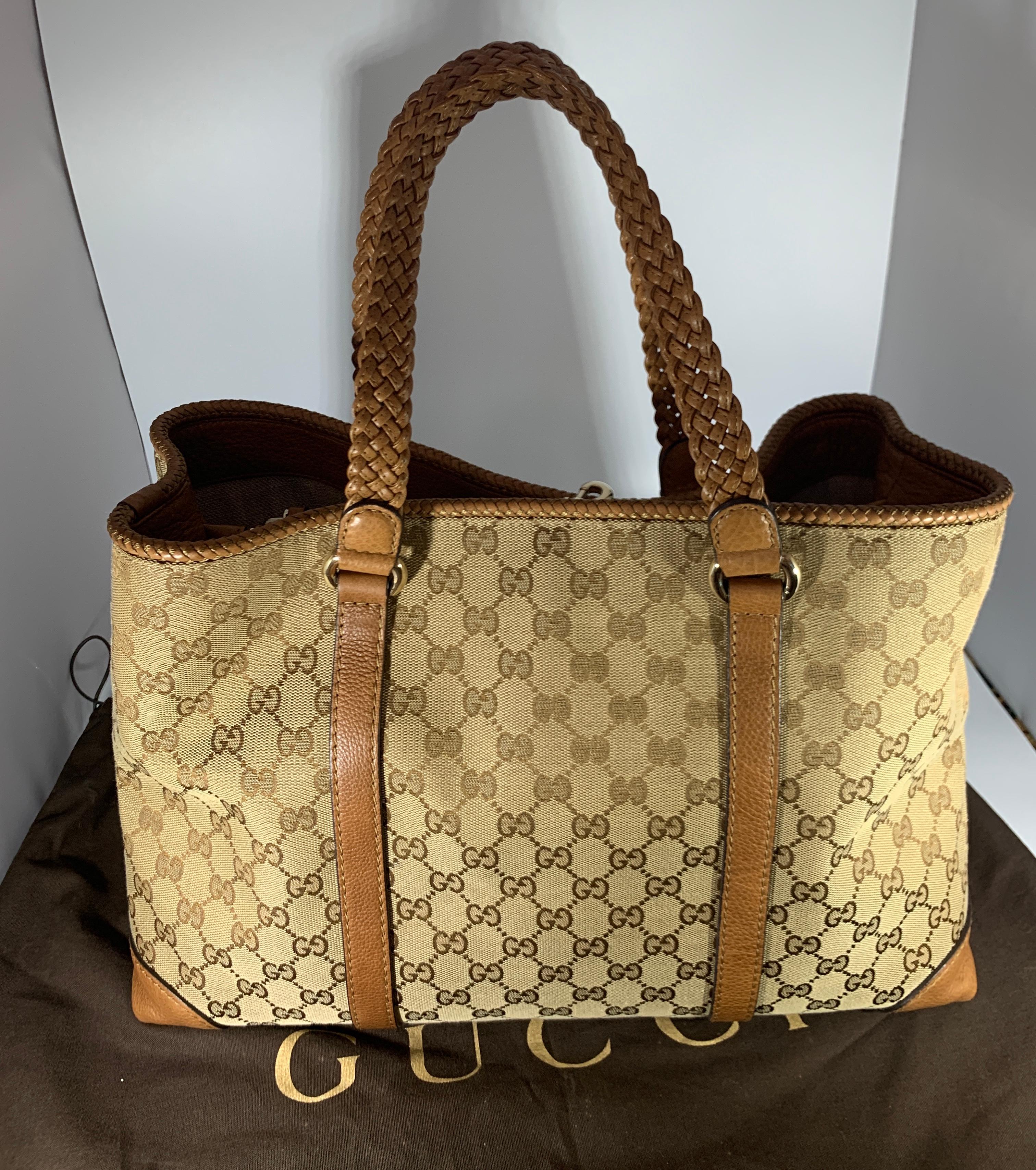 GUCCI Monogram Large Original Tote Tan With  Brown Leather/Canvas &  GG Tassels 8