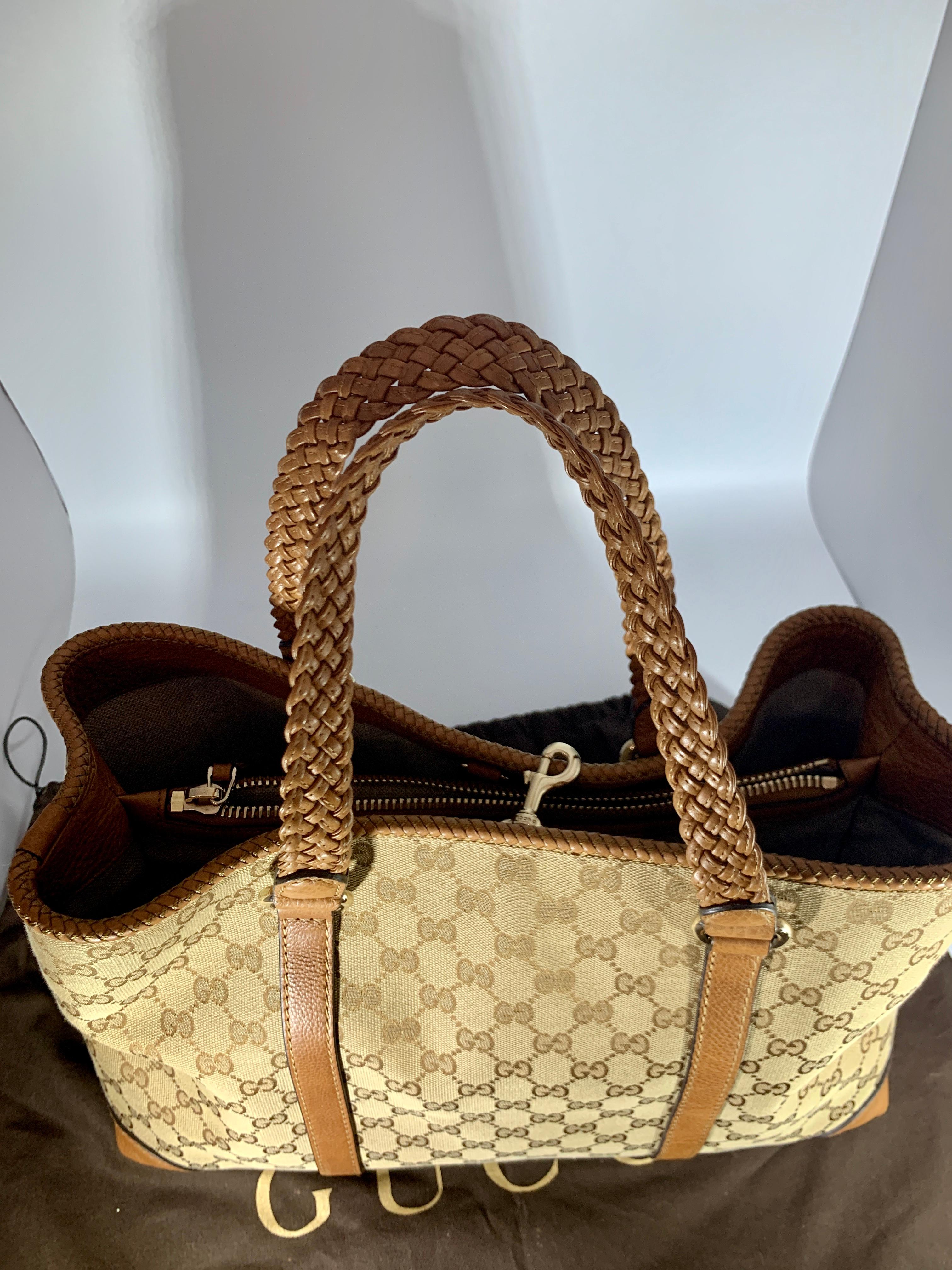 GUCCI Monogram Large Original Tote Tan With  Brown Leather/Canvas &  GG Tassels 9
