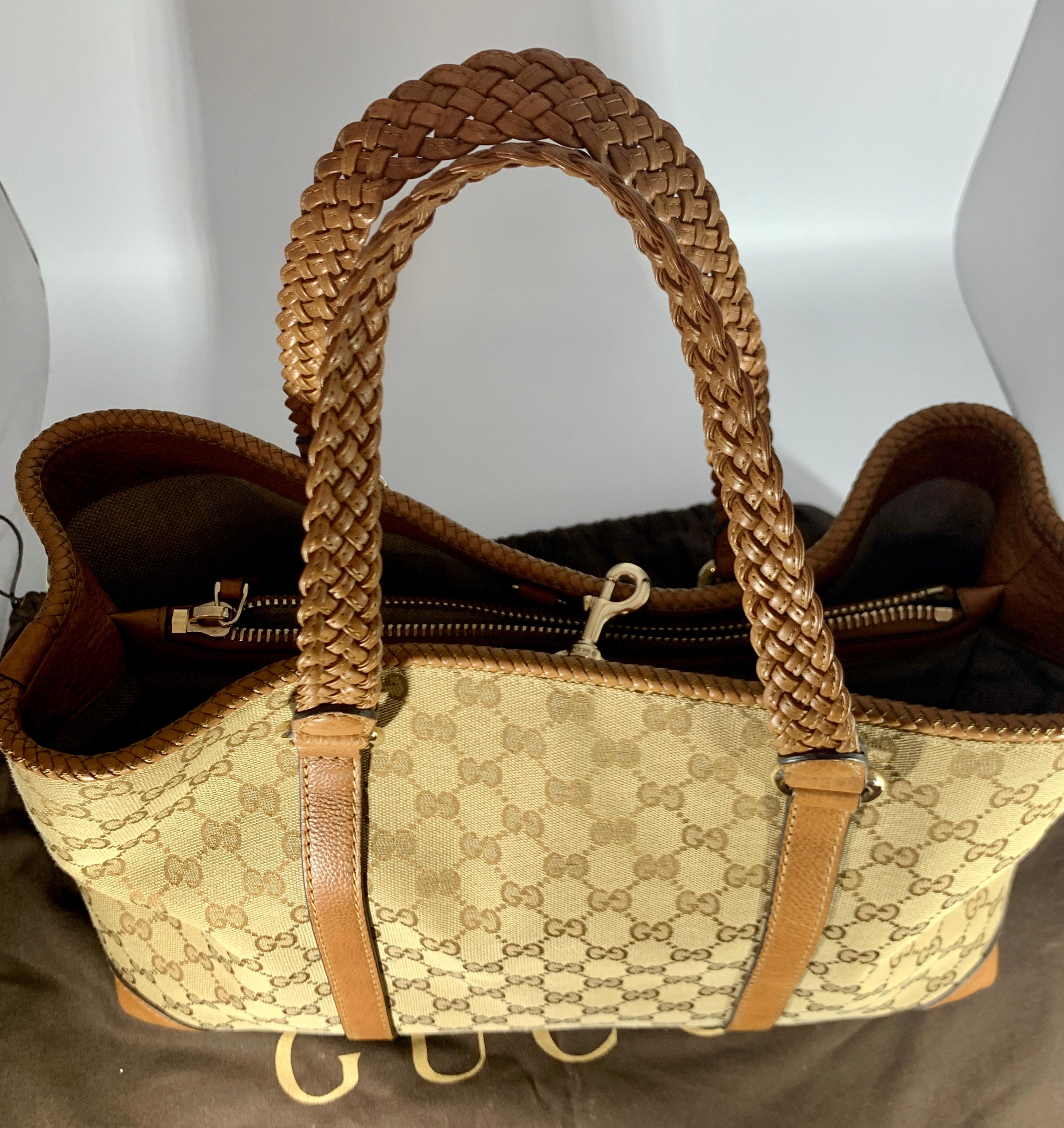 GUCCI Monogram Large Original Tote Tan With  Brown Leather/Canvas &  GG Tassels 11