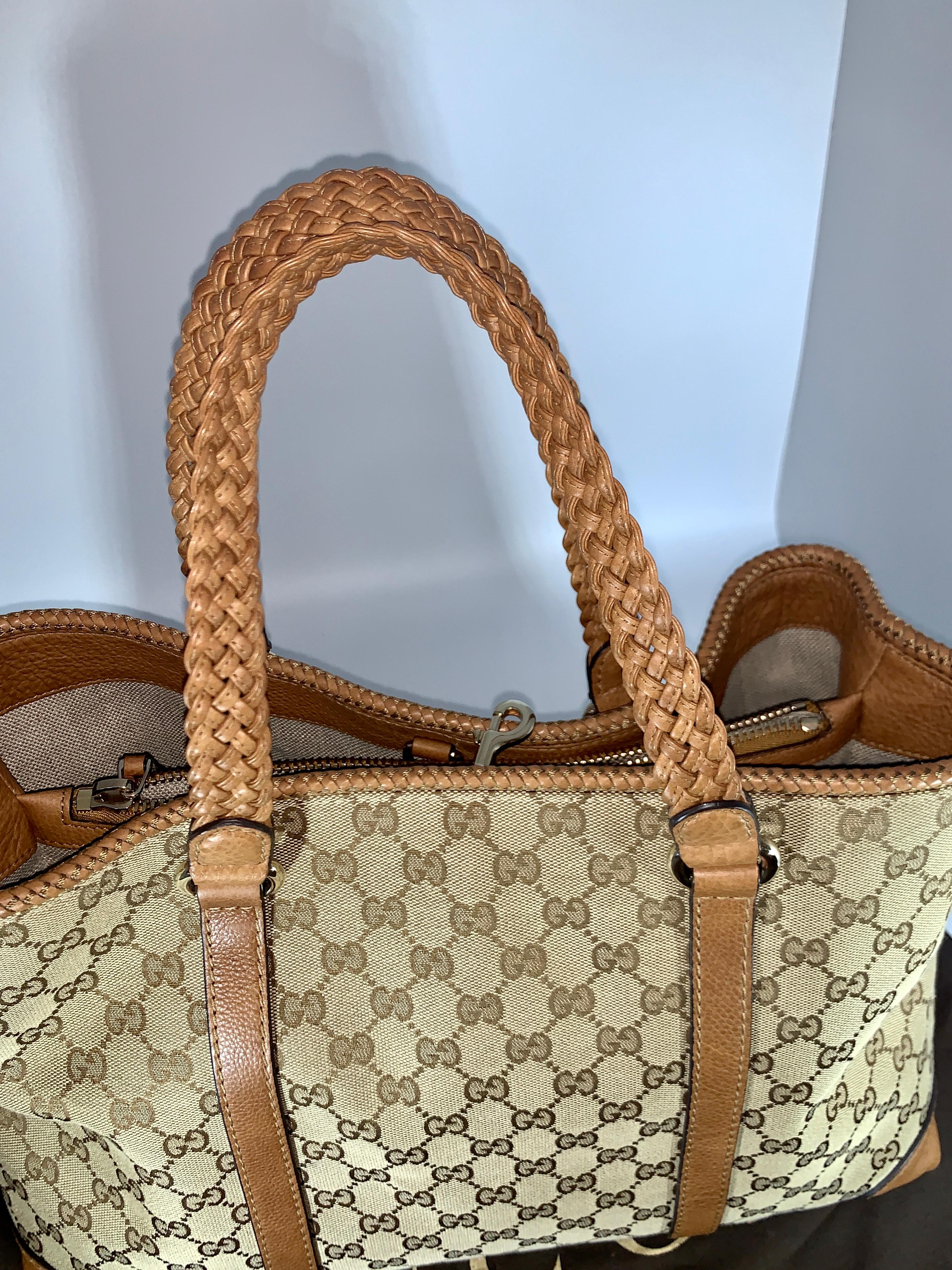GUCCI Monogram Large Original Tote Tan With  Brown Leather/Canvas &  GG Tassels 12
