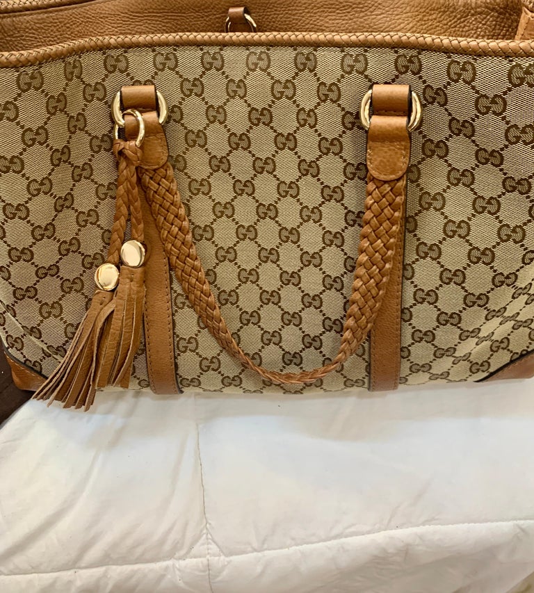 GUCCI Monogram Large Original Tote Tan With Brown Leather/Canvas and GG  Tassels at 1stDibs