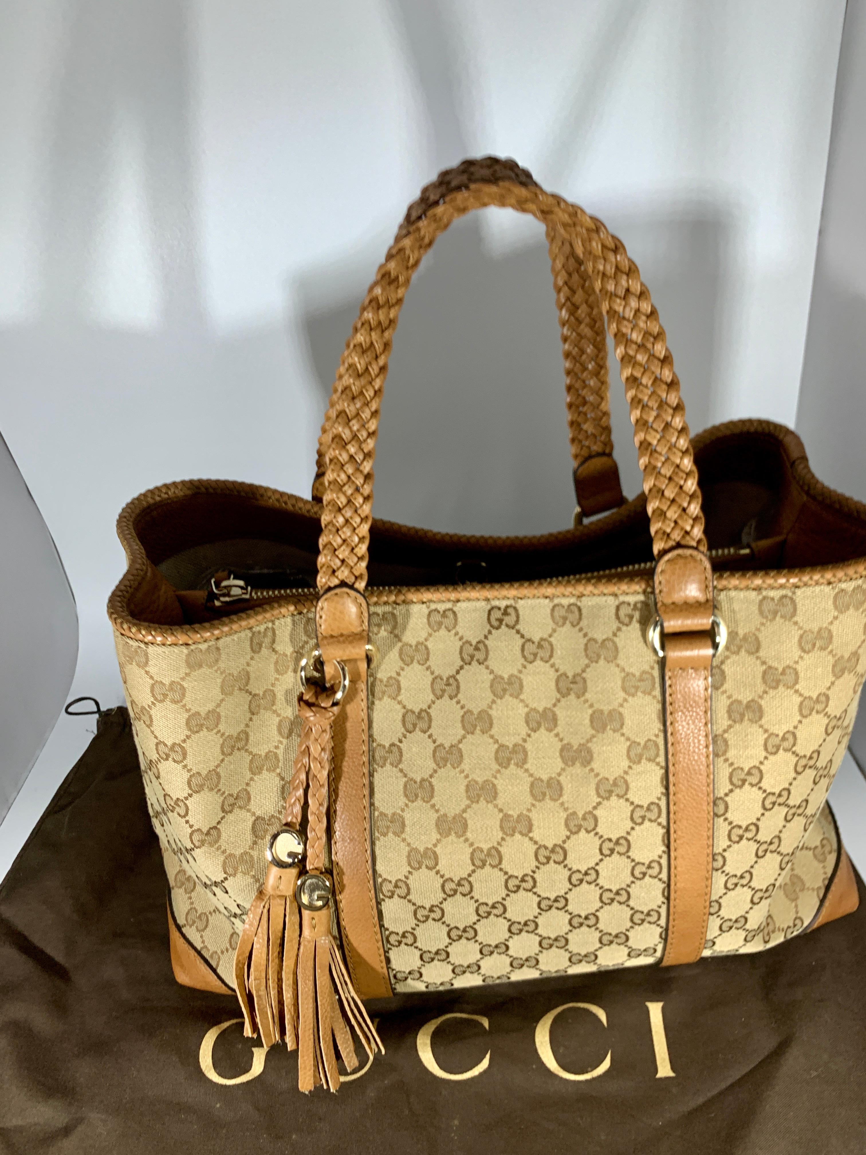 GUCCI Monogram Large Original Tote Tan With  Brown Leather/Canvas &  GG Tassels 13