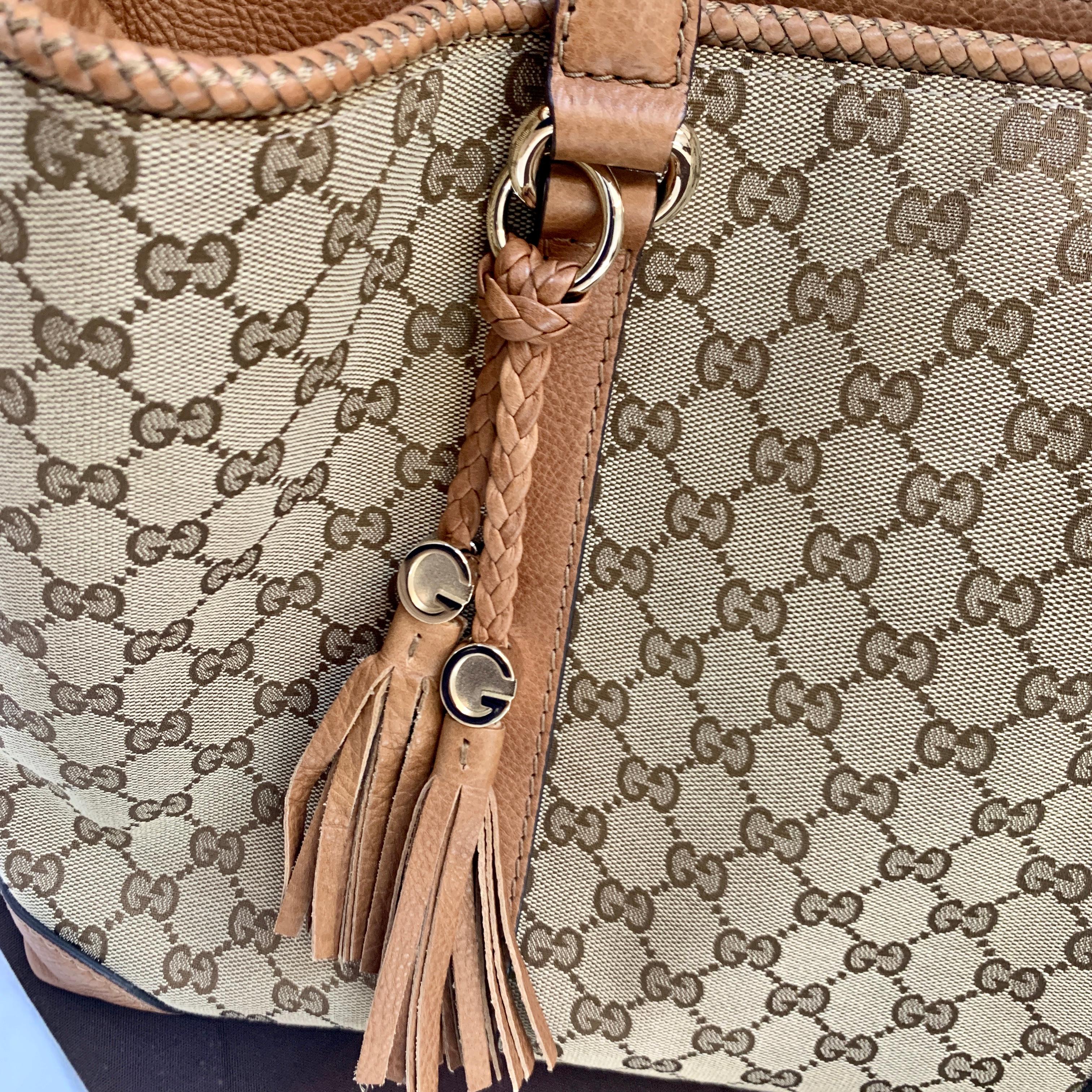 GUCCI Monogram Large Original Tote Tan With  Brown Leather/Canvas &  GG Tassels In New Condition In New York, NY