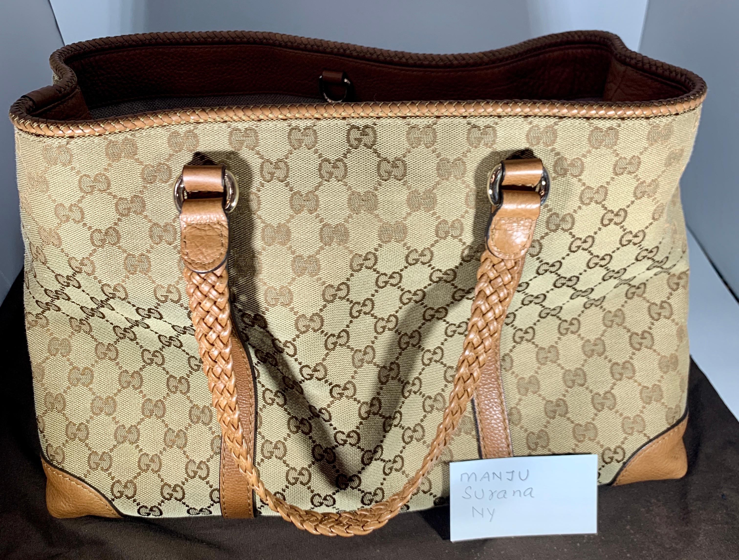 GUCCI Monogram Large Original Tote Tan With  Brown Leather/Canvas &  GG Tassels 2