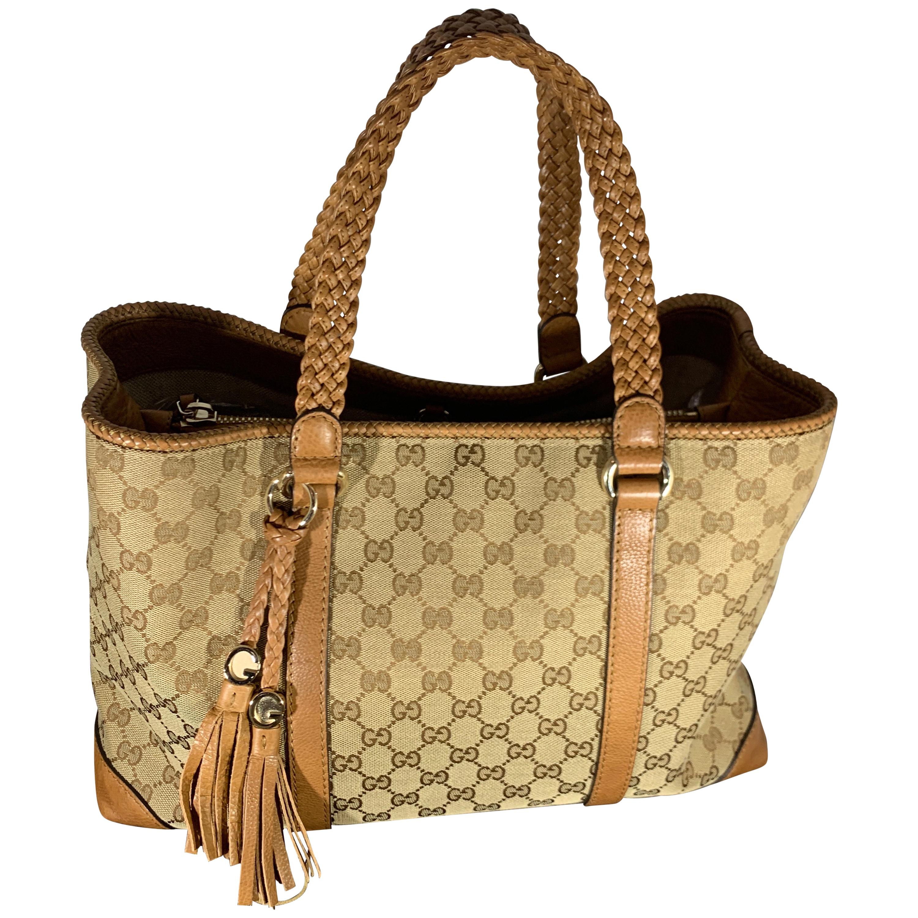 GUCCI Monogram Large Original Tote Tan With Brown Leather/Canvas and GG  Tassels at 1stDibs