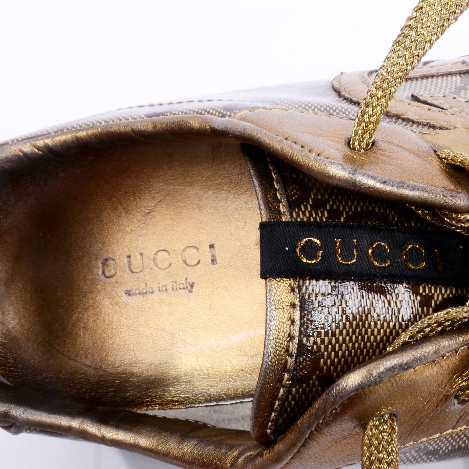 Gucci Monogram Logo Gold Sneakers Canvas & Leather Trainers w Box & Dust Bag 5