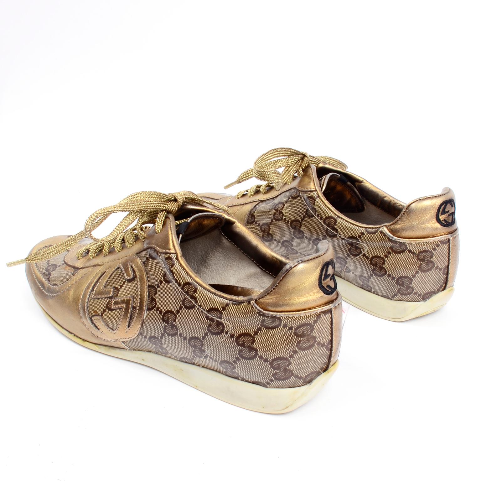 Gucci Monogram Logo Gold Sneakers Canvas & Leather Trainers w Box & Dust Bag 1