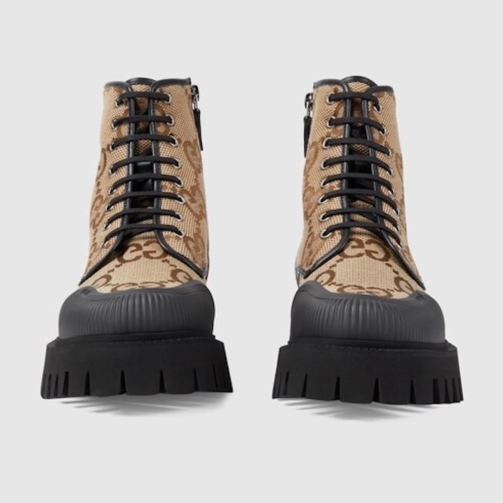 Black Gucci Monogram Maxi GG Camel Lace Up Boot (US 11) For Sale