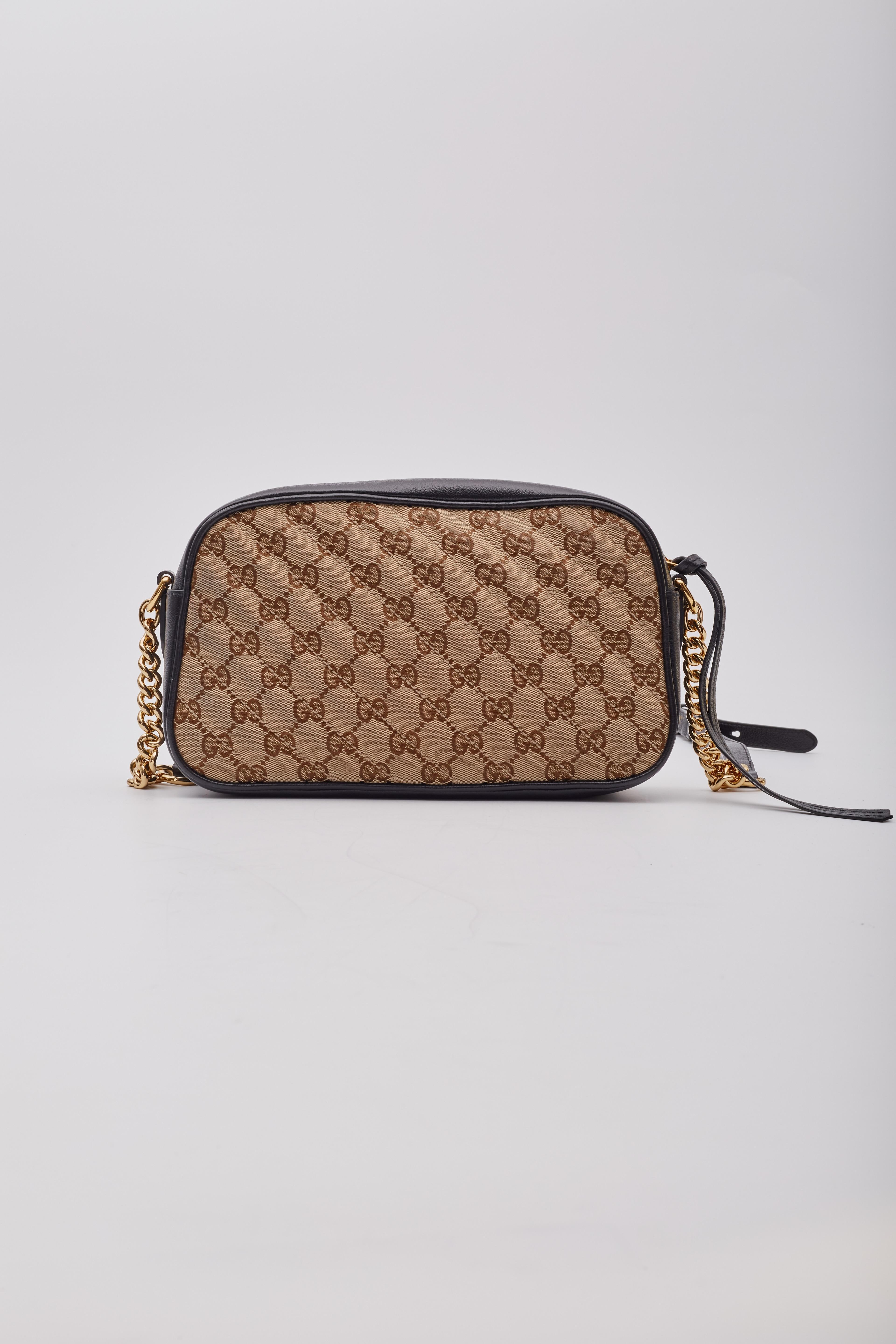 Women's Gucci Monogram Small GG Marmont Shoulder Bag Beige Black For Sale