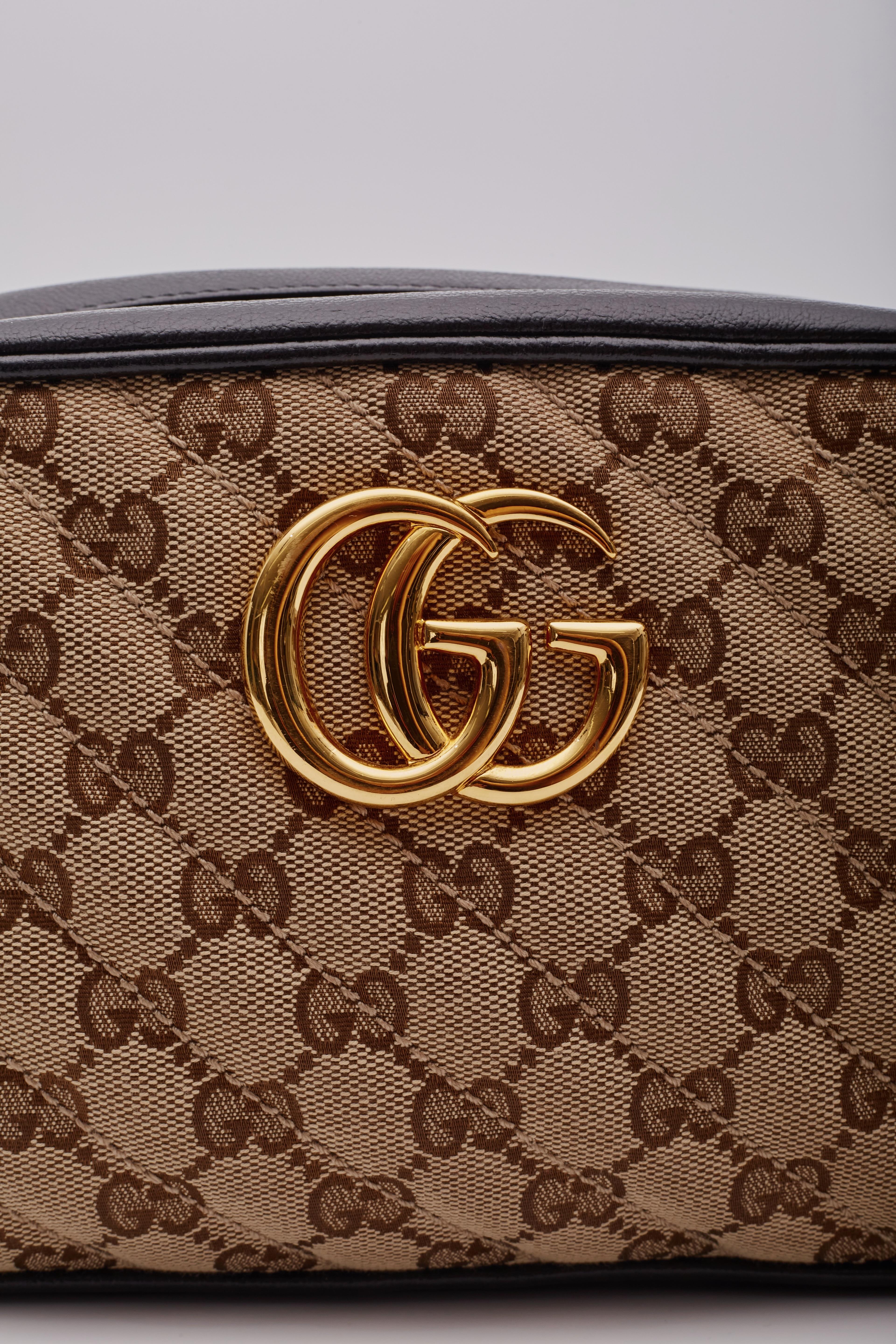 Gucci Monogram Small GG Marmont Shoulder Bag Beige Black For Sale 4