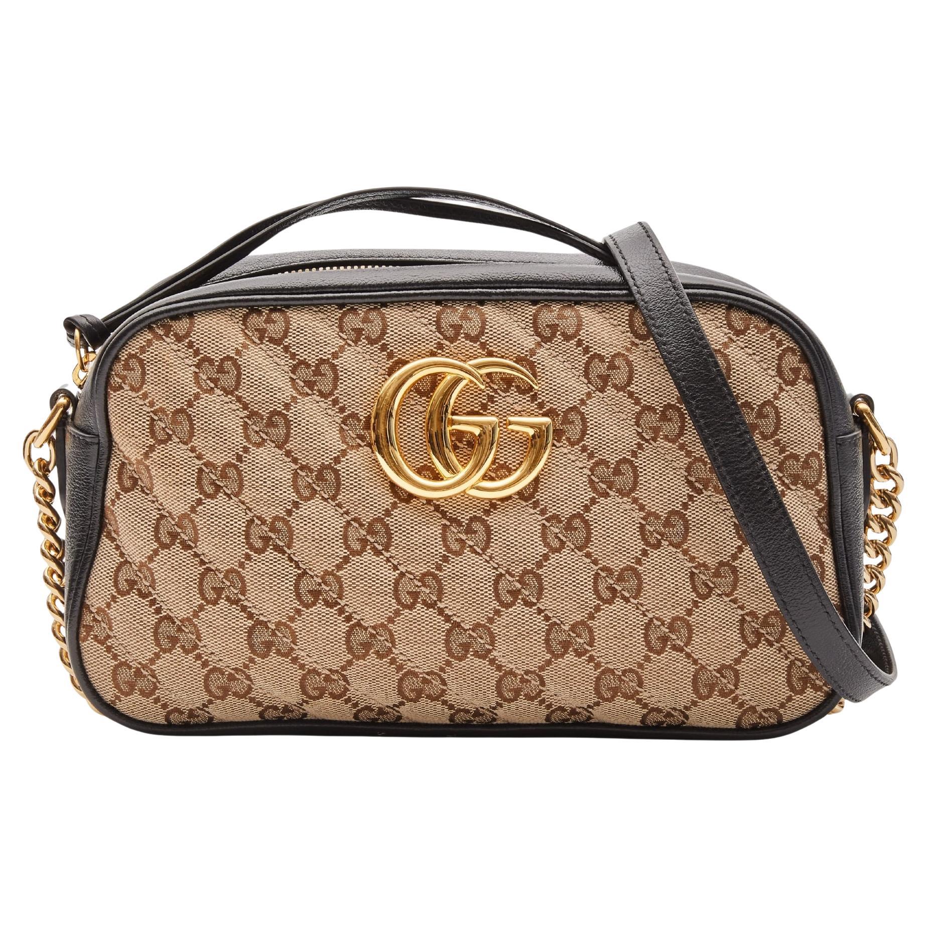 Gucci Monogram Small GG Marmont Shoulder Bag Beige Black For Sale