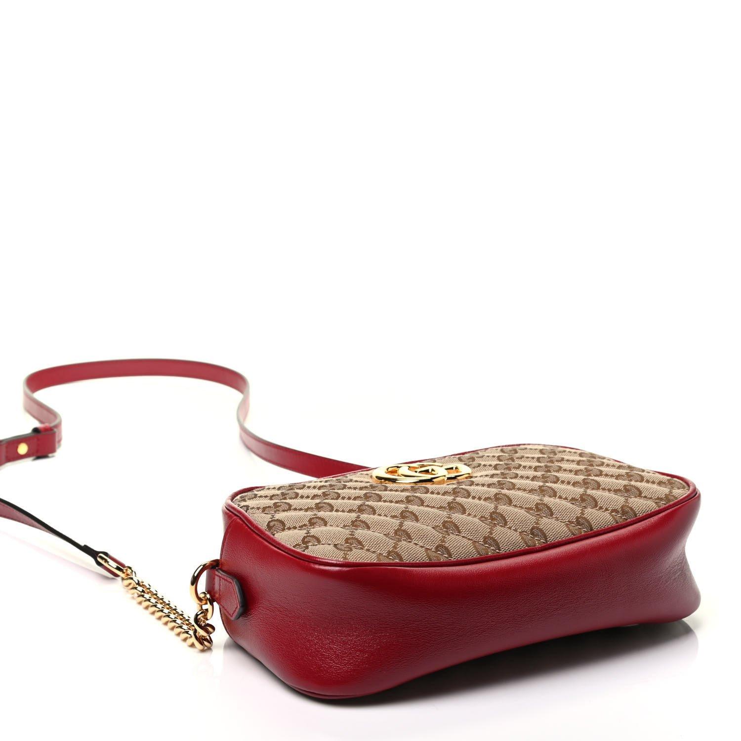 Gucci Monogram Small GG Marmont Shoulder Bag Beige Red In Fair Condition For Sale In Montreal, Quebec