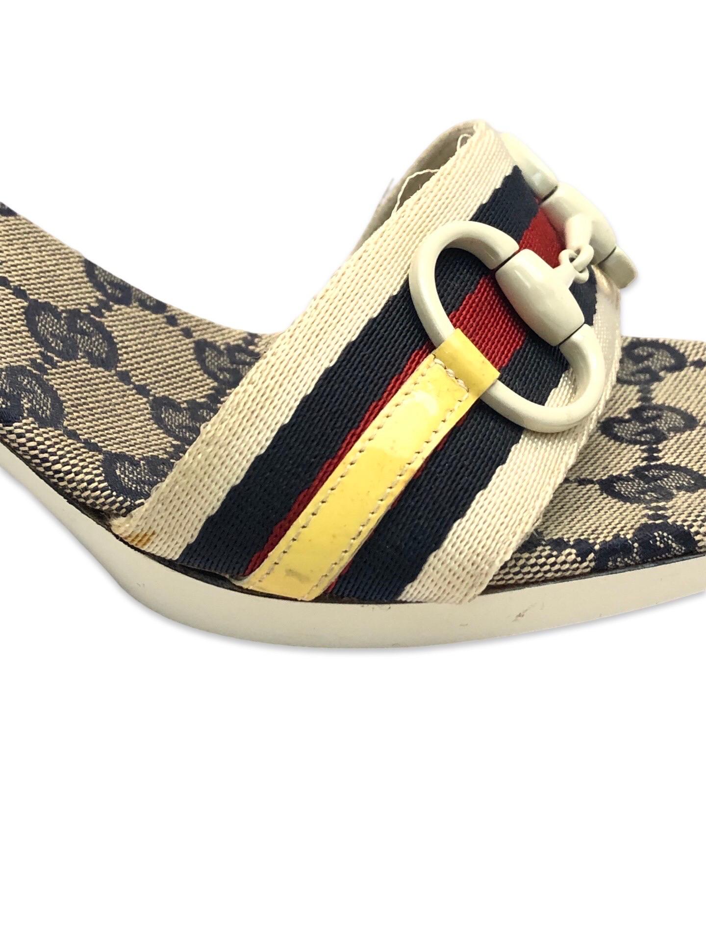 White Gucci monogram white horsebit sandals heels For Sale