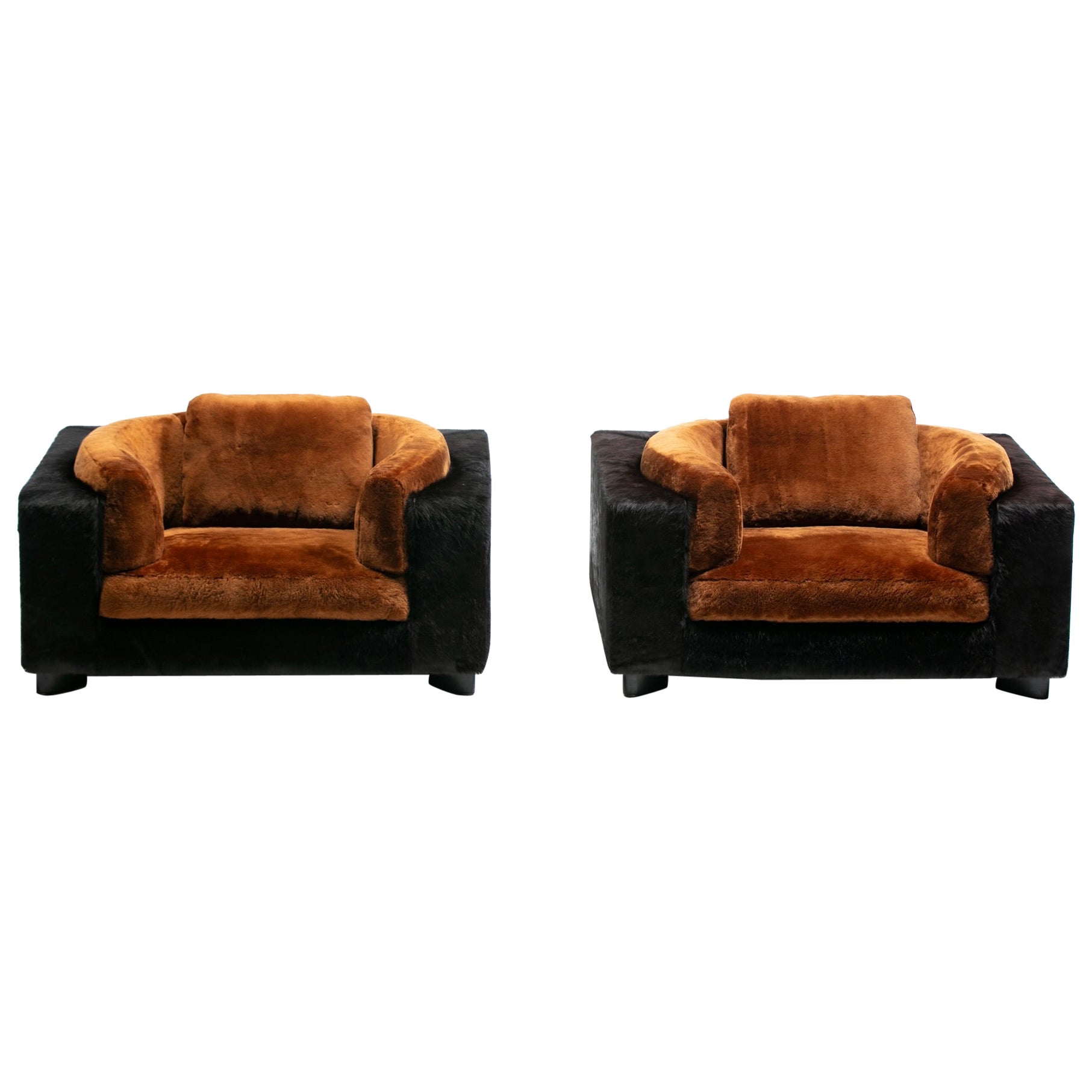 Fauteuils Club Monumental 1970 de Gucci en cuir de vachette nouveau noir et en peau de mouton chocolatée en vente
