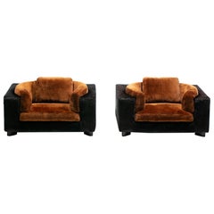 Sillas Club Gucci Monumental de los años 70 en piel de vaca negra nueva y shearling chocolate
