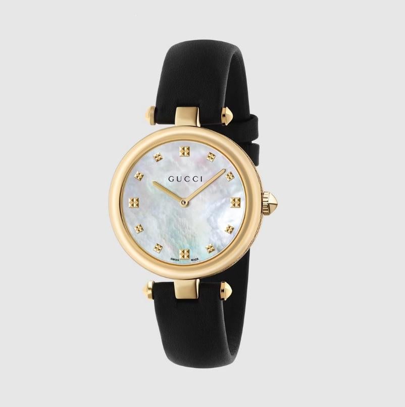 Women's or Men's Gucci Mother of Pearl Dial PVD Case with Black Leather Strap Watch YA141404