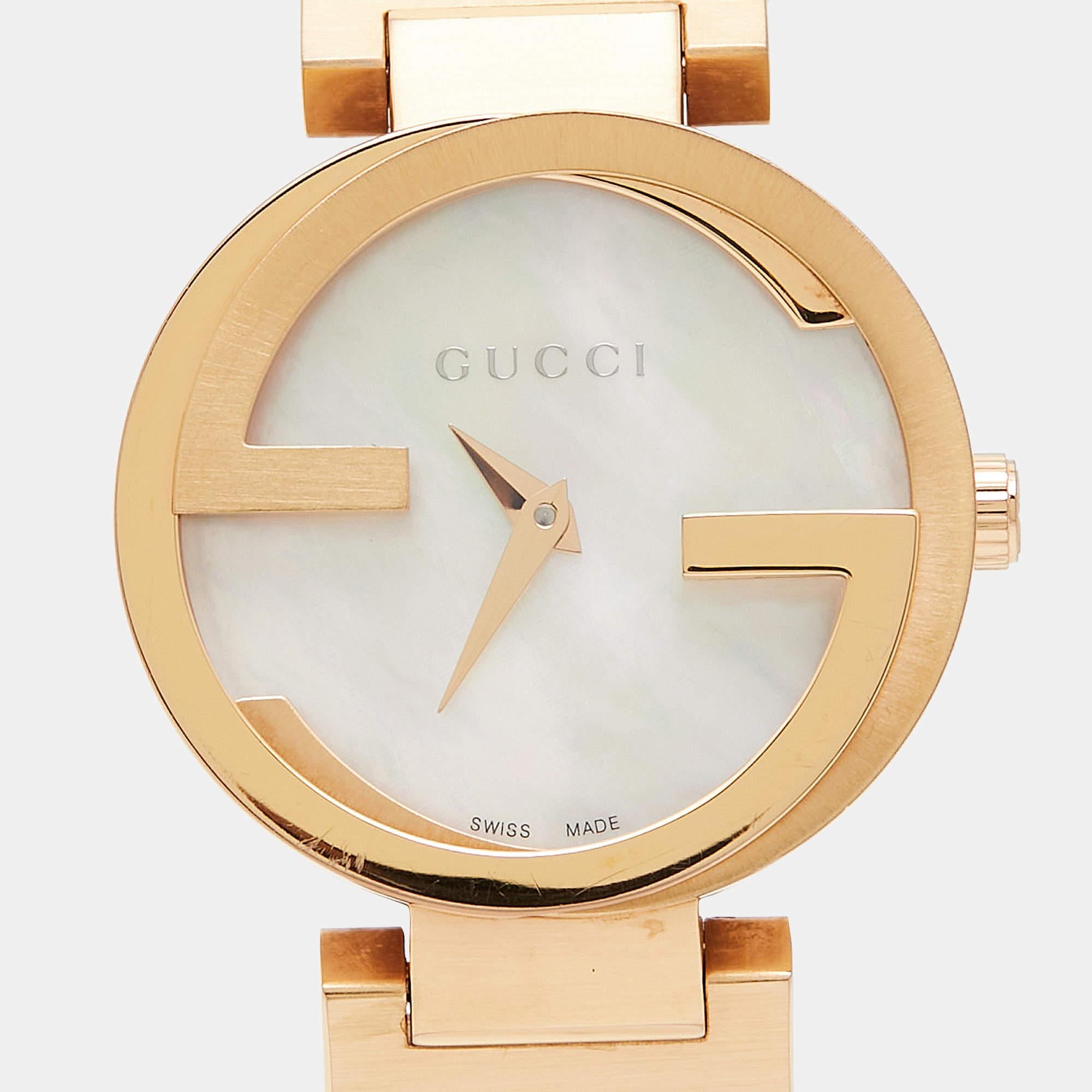 Gucci Mother Of Pearl Rose Gold Tone Stainless Steel Interlocking YA133515 Women 1