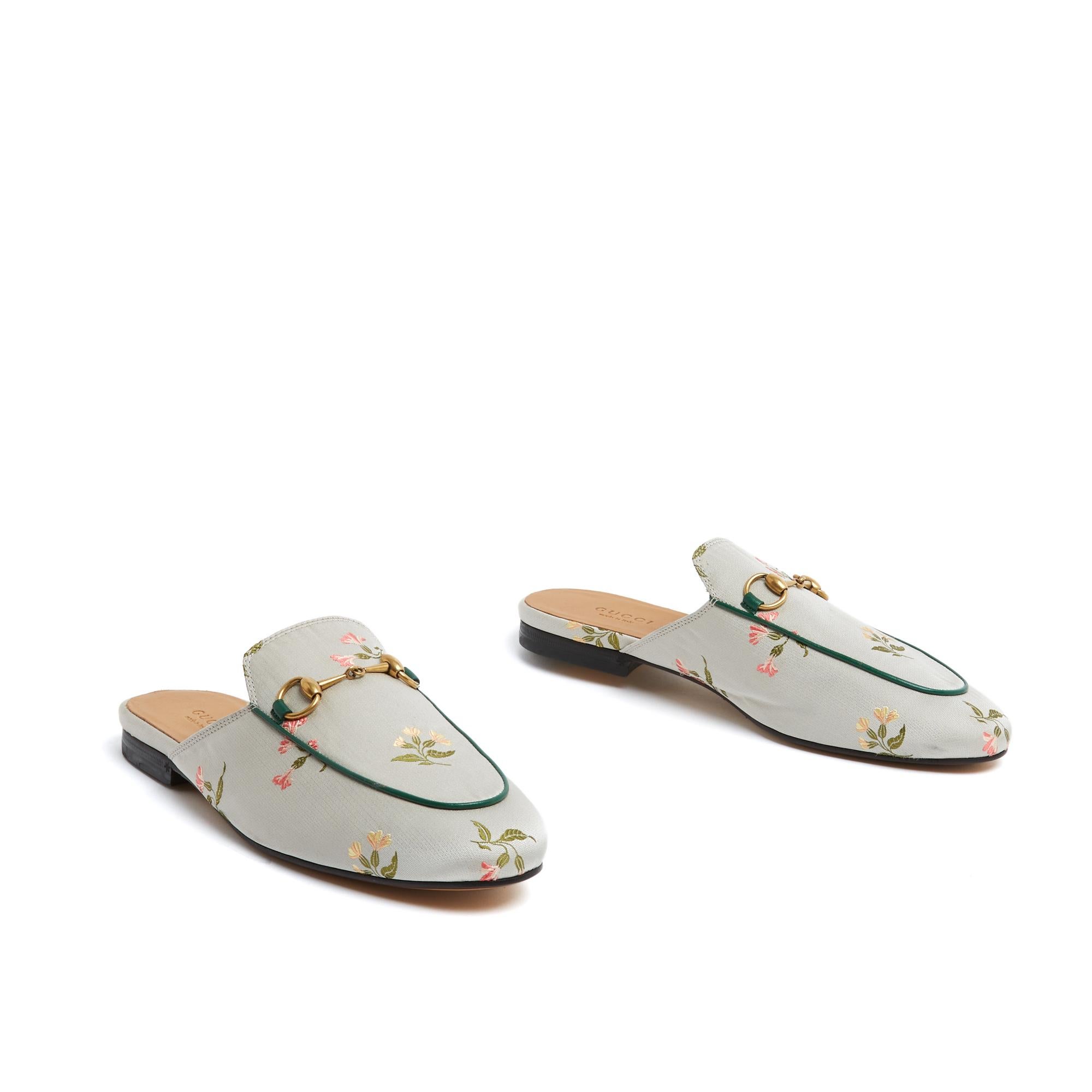 Gray Gucci Mules Princetown EU38.5 Baby Blue Flowers Flats Sandals UK5.5 US8 New
