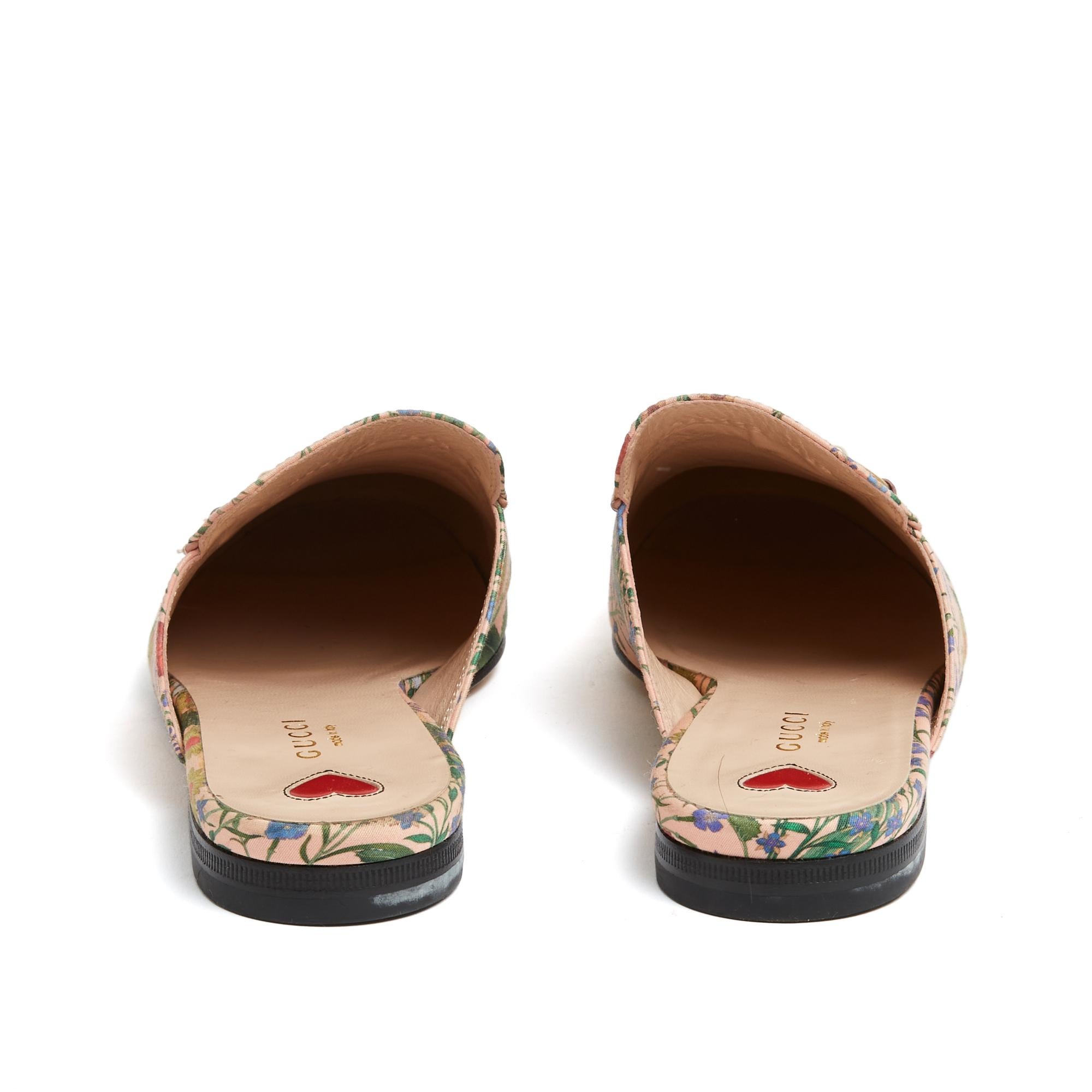 Beige Gucci Mules Princetown EU38.5 Baby Pink Flora Horsebit Flats Sandals UK5.5 US8 For Sale