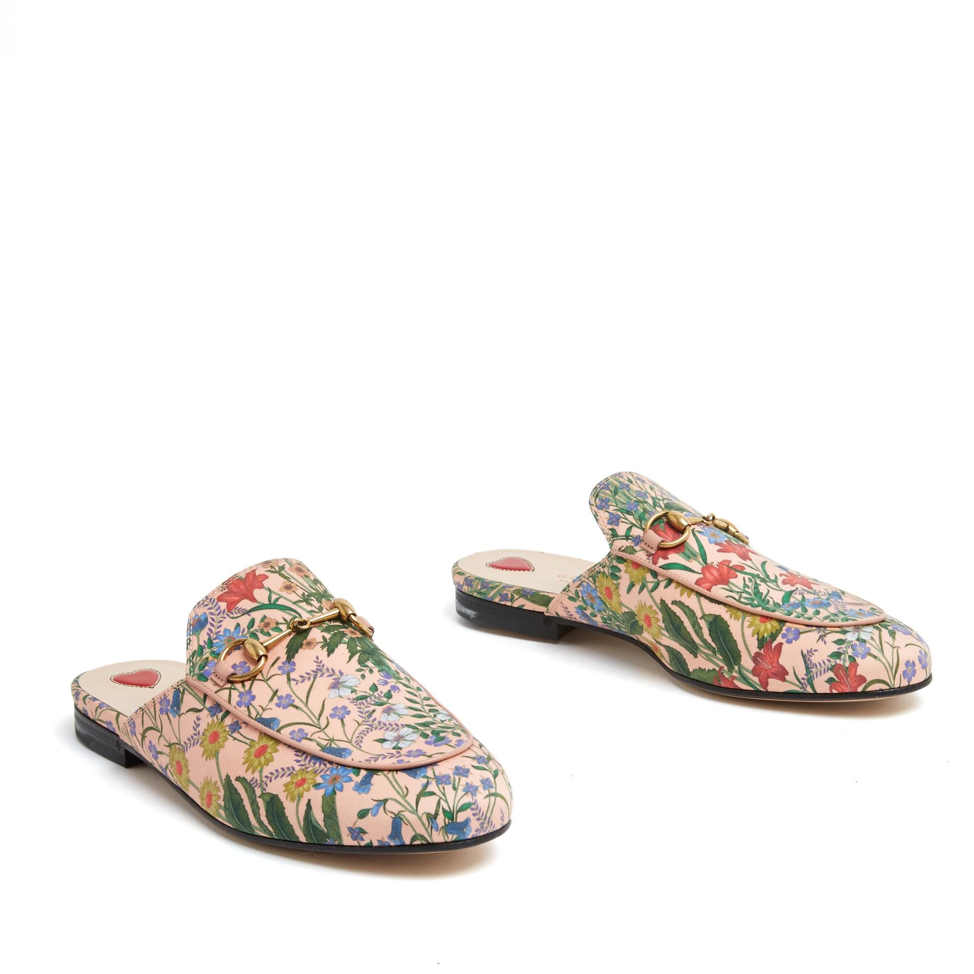 Gucci Mules Princetown EU38.5 Baby Pink Flora Horsebit Flats Sandals UK5.5 US8 In New Condition For Sale In PARIS, FR