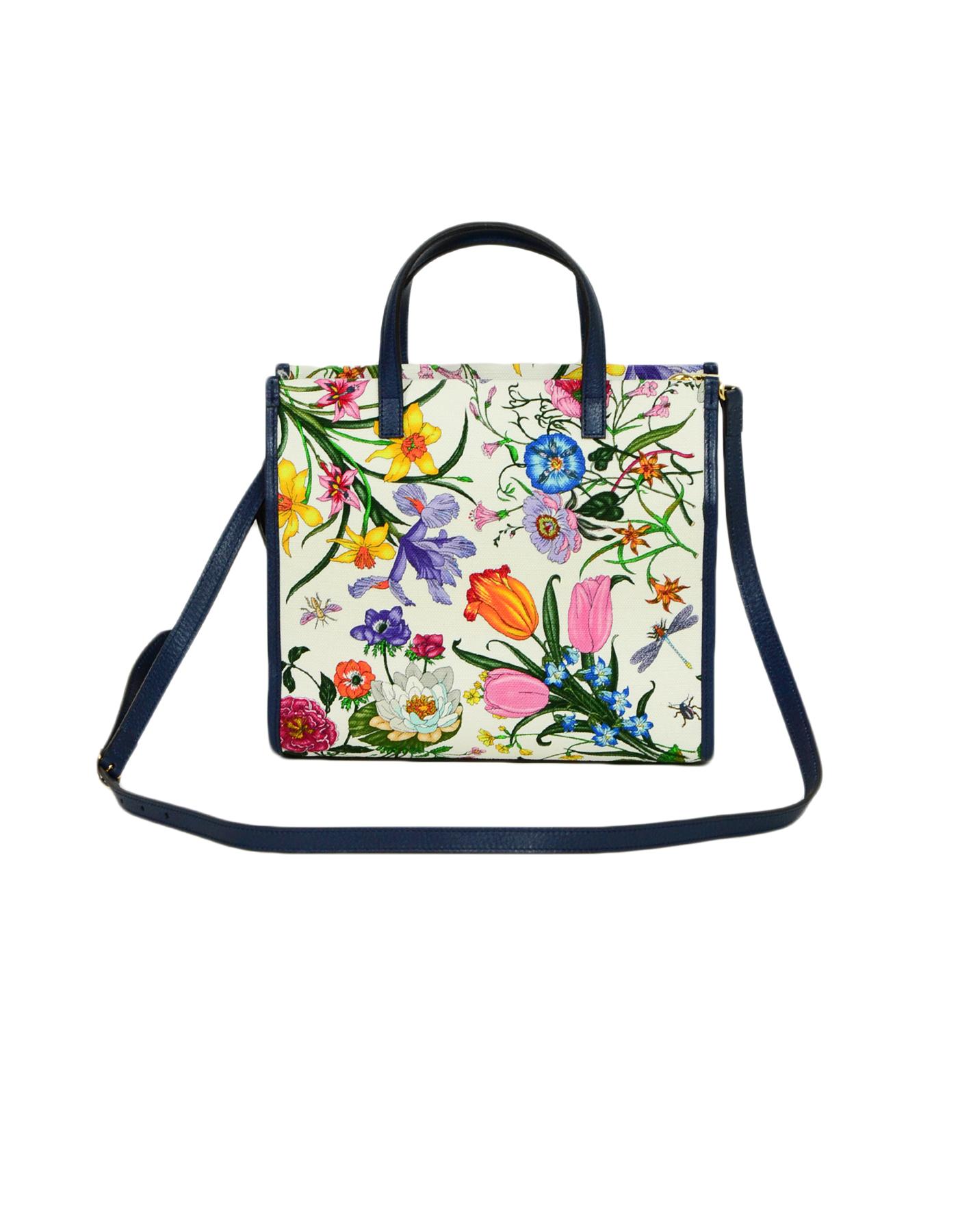 Gucci Multi-Color Canvas Leather Blue Trim Medium Flora Tote Bag In Excellent Condition In New York, NY