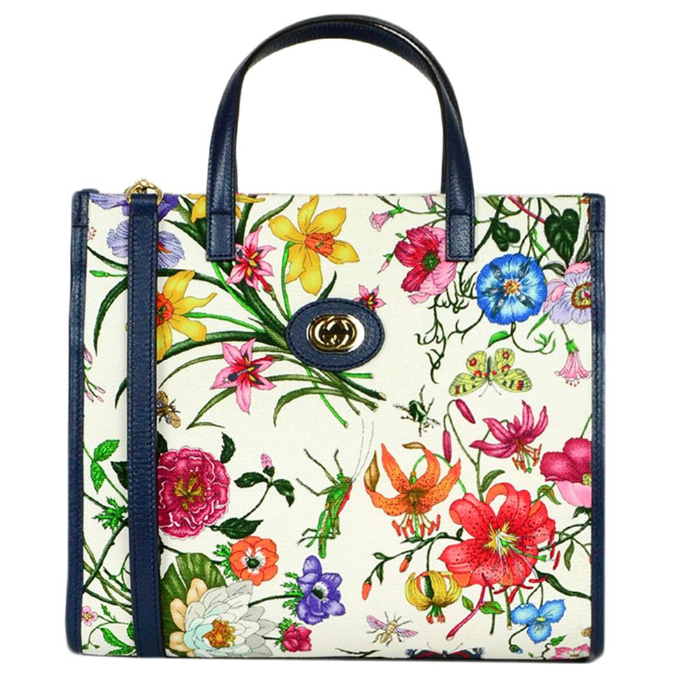 Gucci Multi-Color Canvas Leather Blue Trim Medium Flora Tote Bag