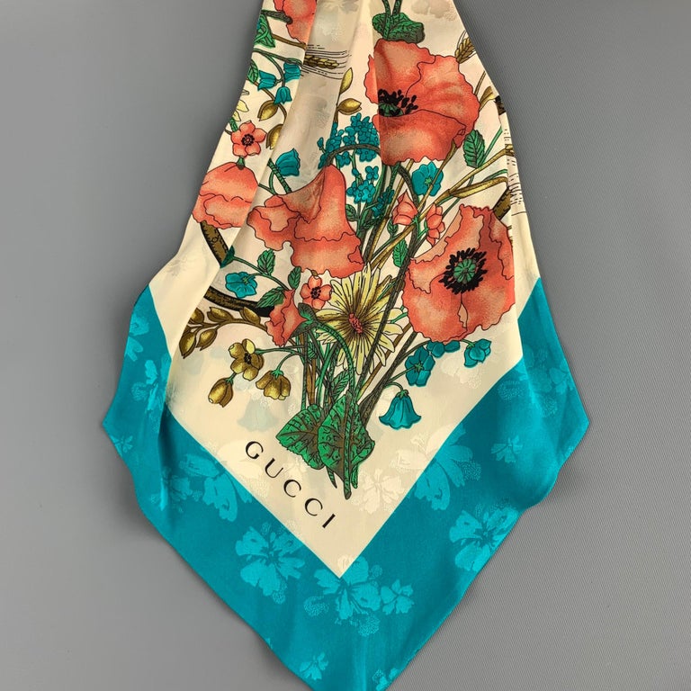 GUCCI Multi-Color Floral Silk Turquoise Border Ascot at 1stDibs