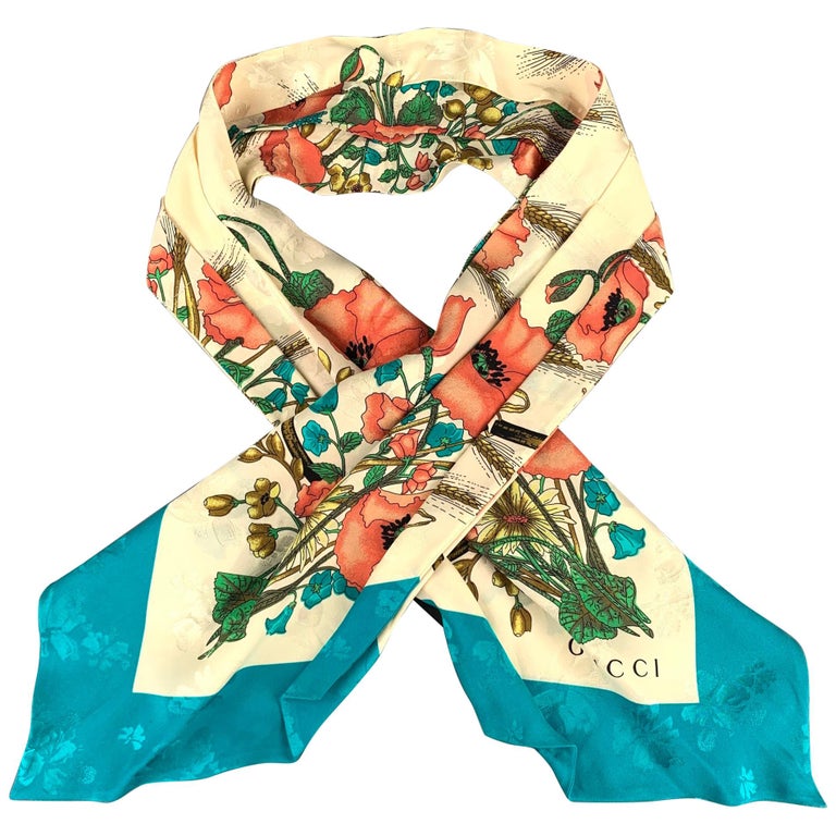 GUCCI Multi-Color Floral Silk Turquoise Border Ascot at 1stDibs