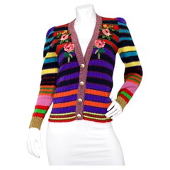 Gucci Multi-color Striped Floral Applique Knit Cardigan